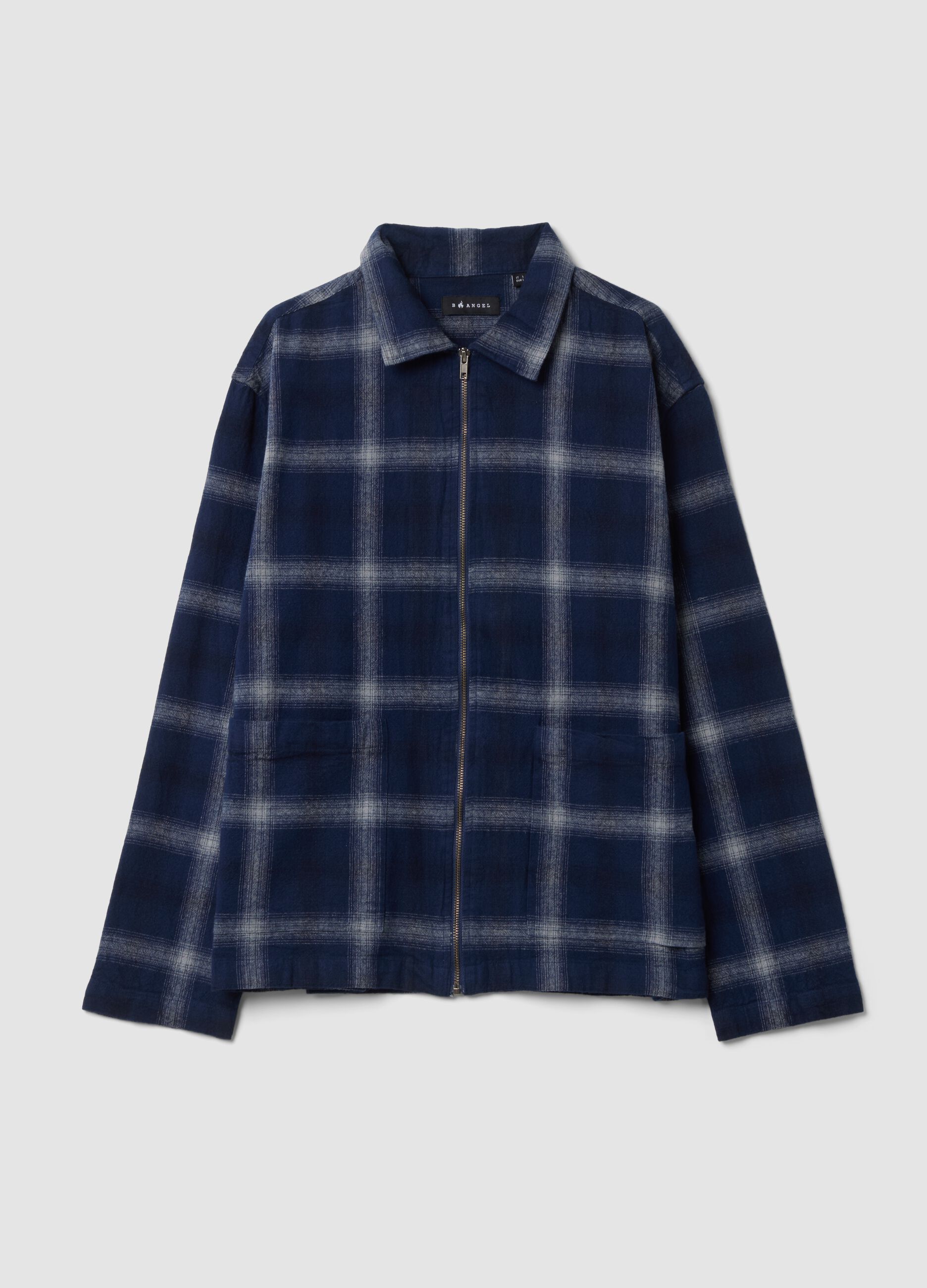 Camicia cropped blu in puro cotone a quadri con zip over fit