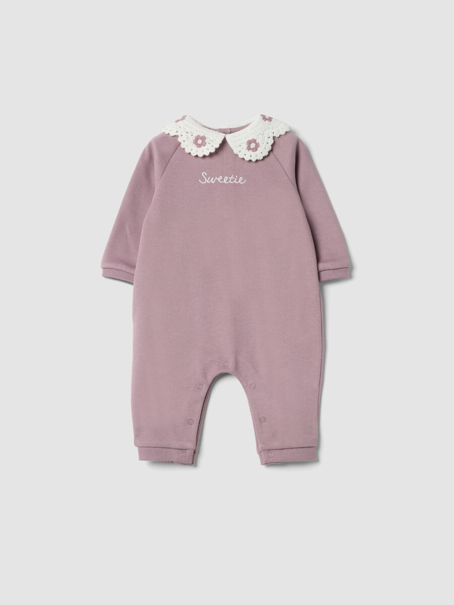 Purple organic cotton baby sleepsuit with crochet collar_0