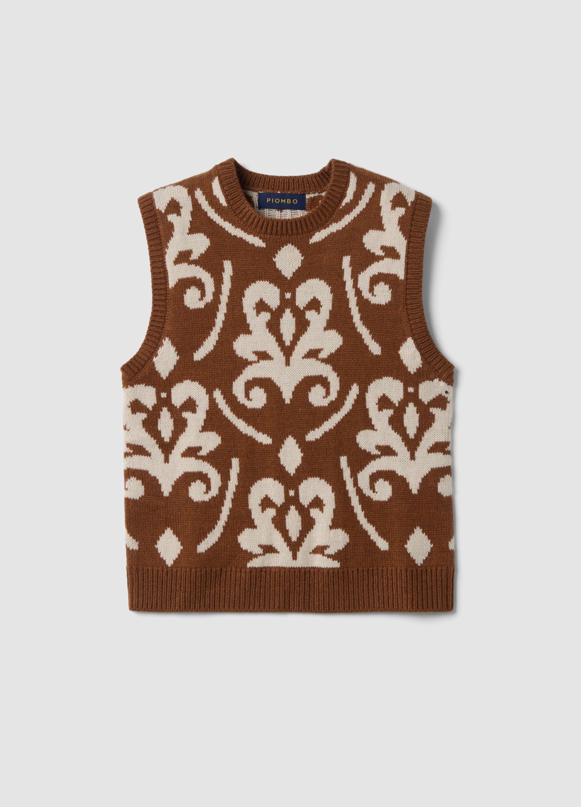 Brown and white wool-blend crew-neck gilet