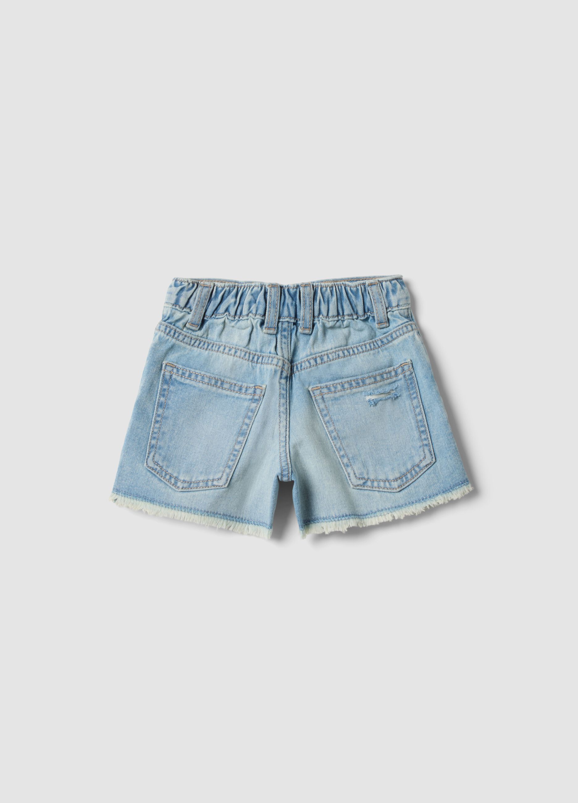 Blue pure cotton denim shorts for girls, regular fit with distressed details