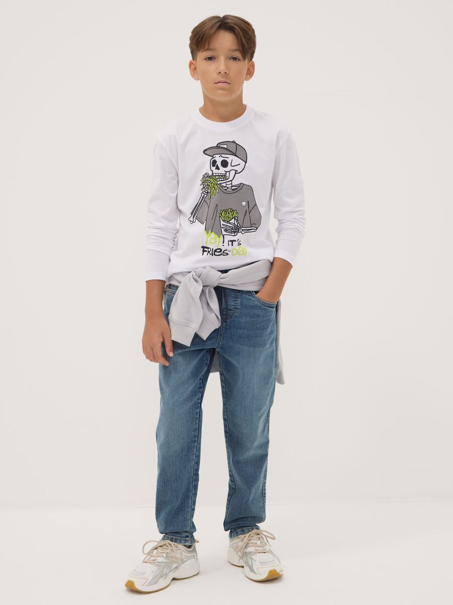 Blue stretch cotton jeans with elasticated waist for boys_0