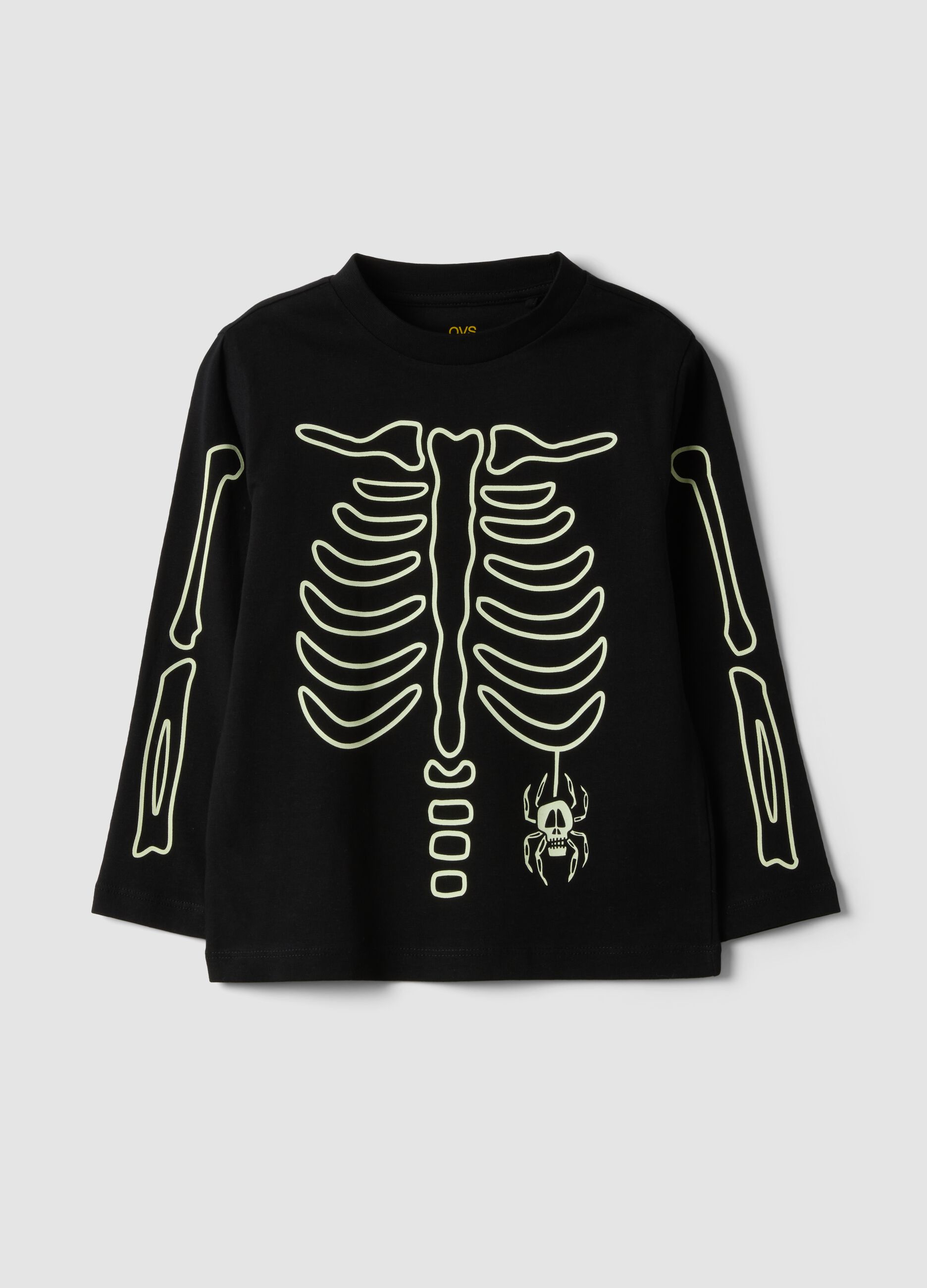 Black pure cotton crew-neck T-shirt with skeleton print