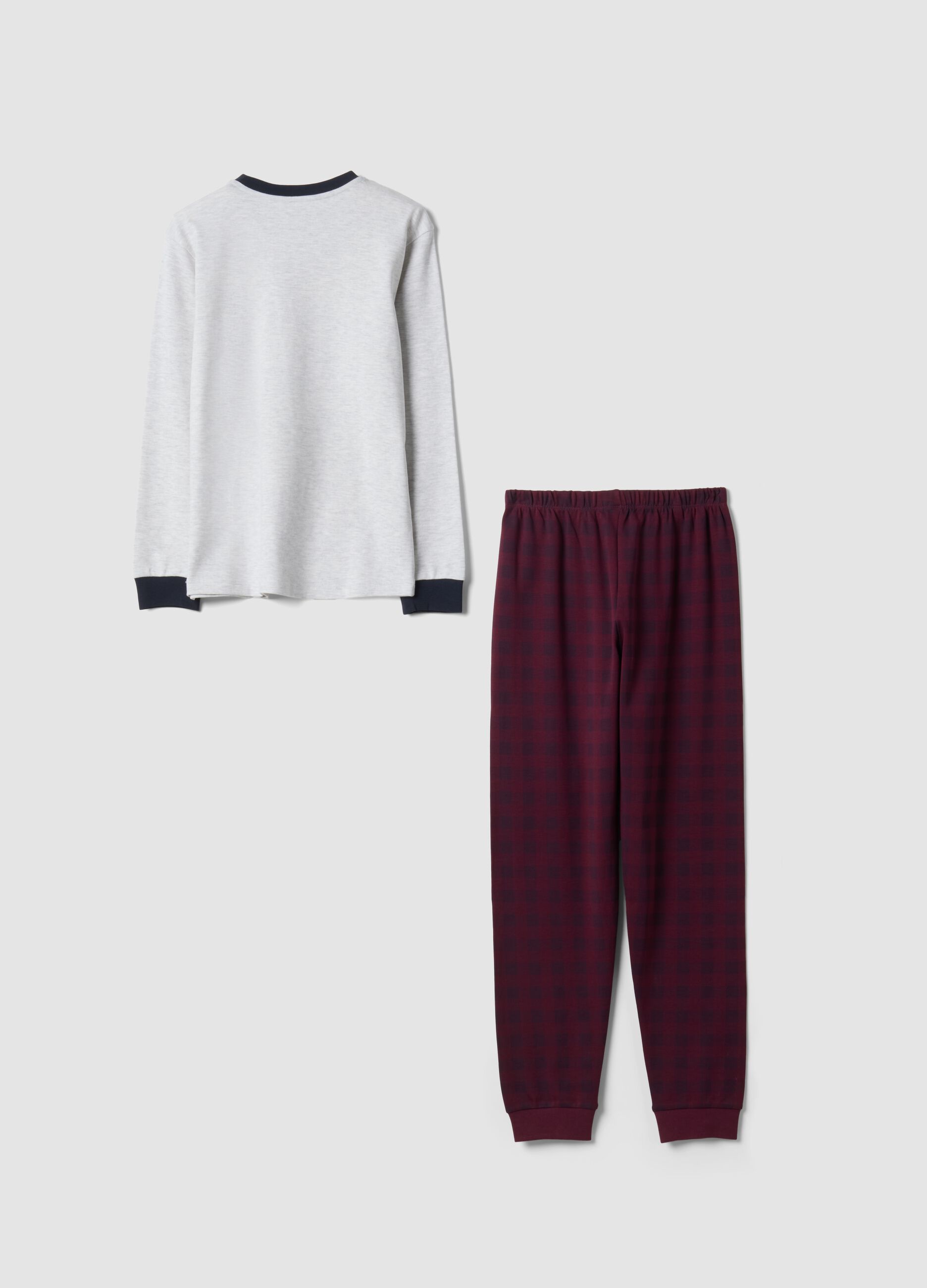 Grey and red crew-neck pyjamas in organic cotton and viscose blend