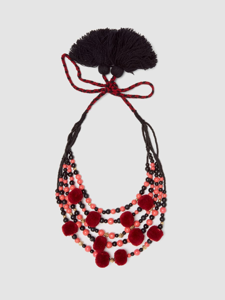 Black and red multi-strand necklace with pom-poms_0