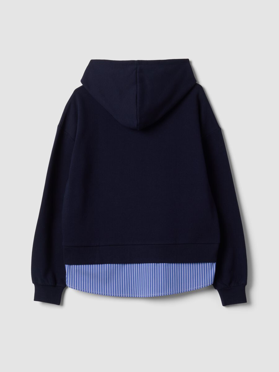 Blue cotton-blend hoodie with layered shirt-effect hem_2