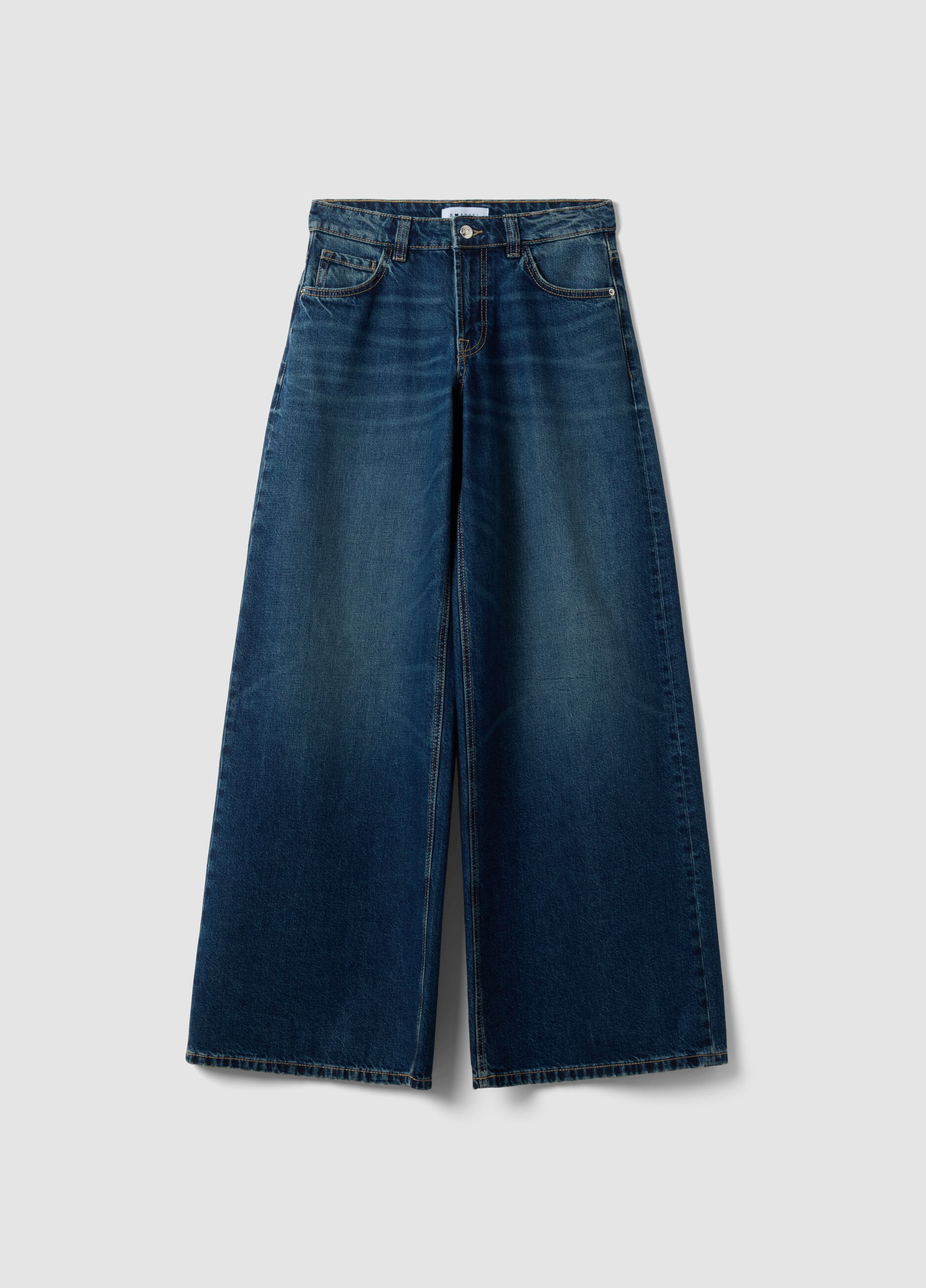 Jeans denim blu in puro cotone super wide leg