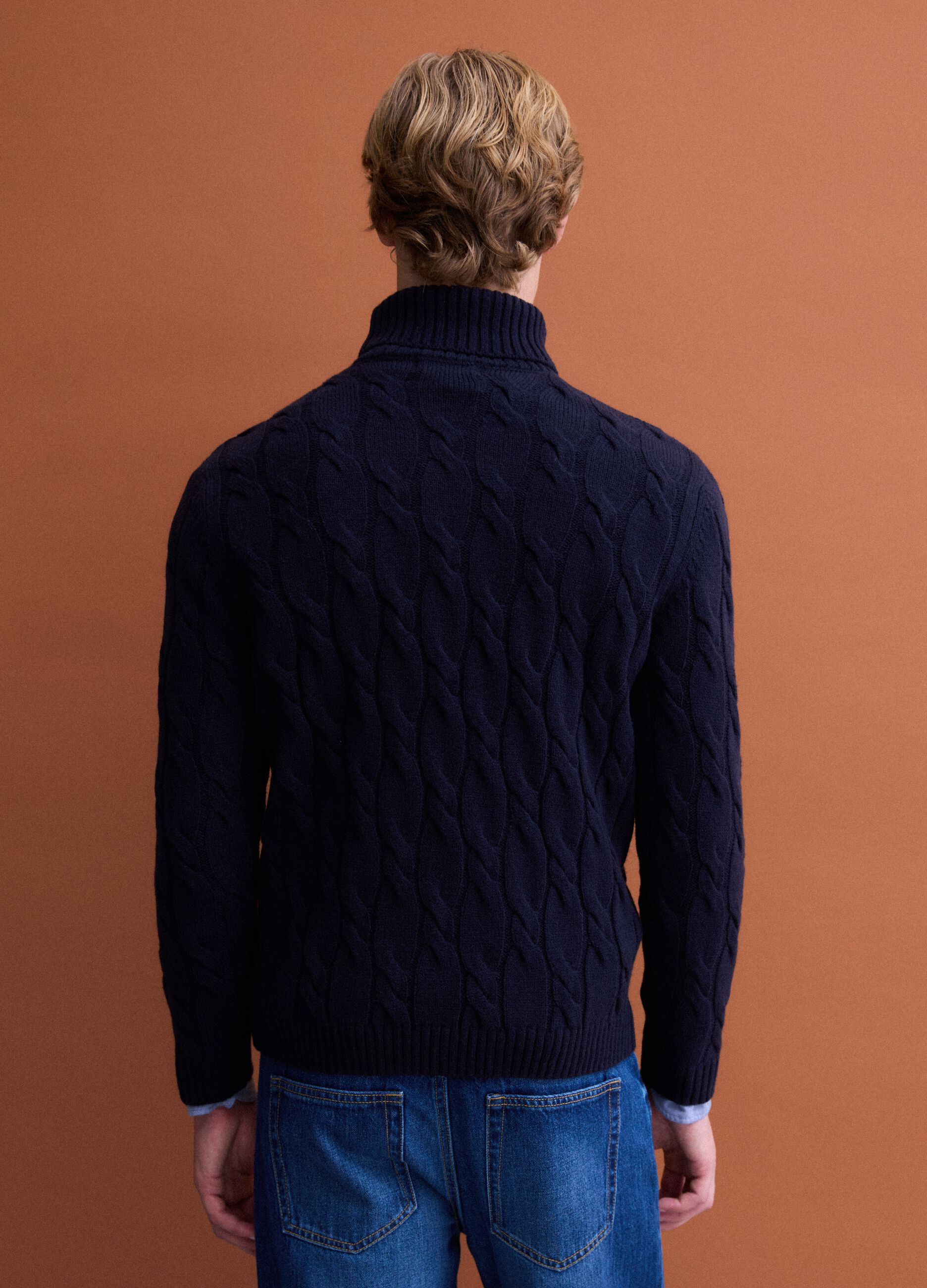 Navy blue cable-knit wool-blend regular-fit roll-neck jumper