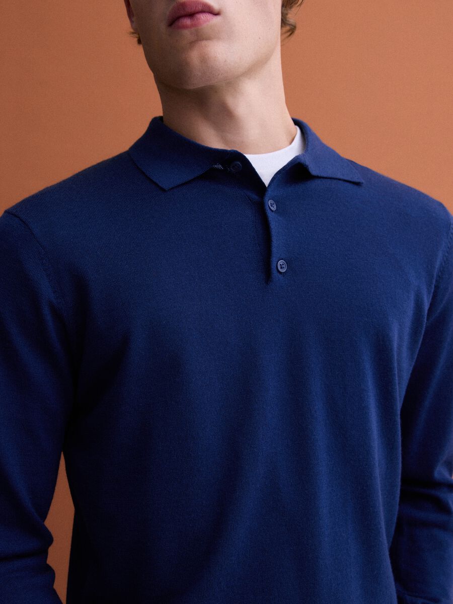 Blue pure merino wool polo jumper with polo collar_2