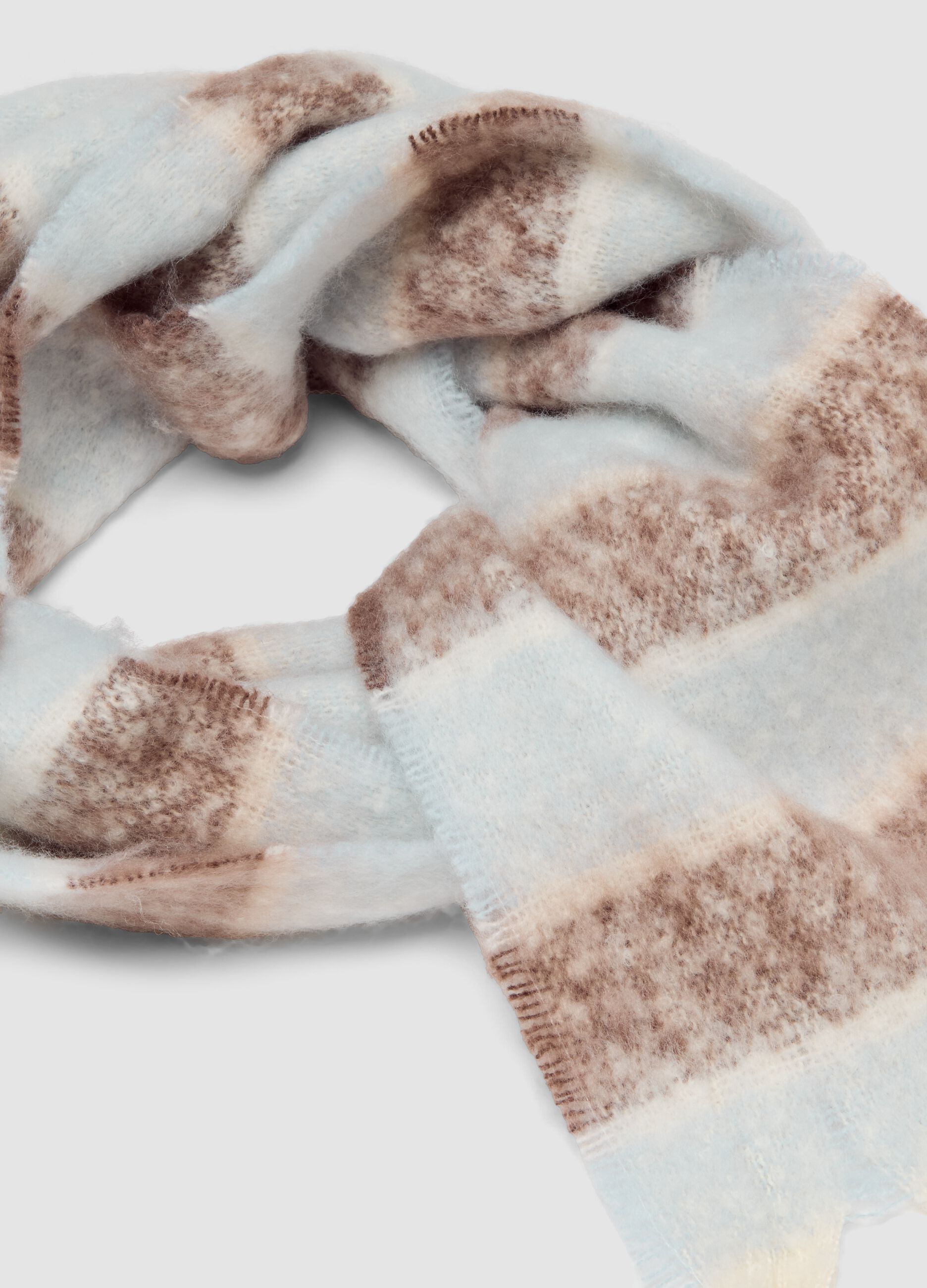 Blue and brown striped scarf with fringes