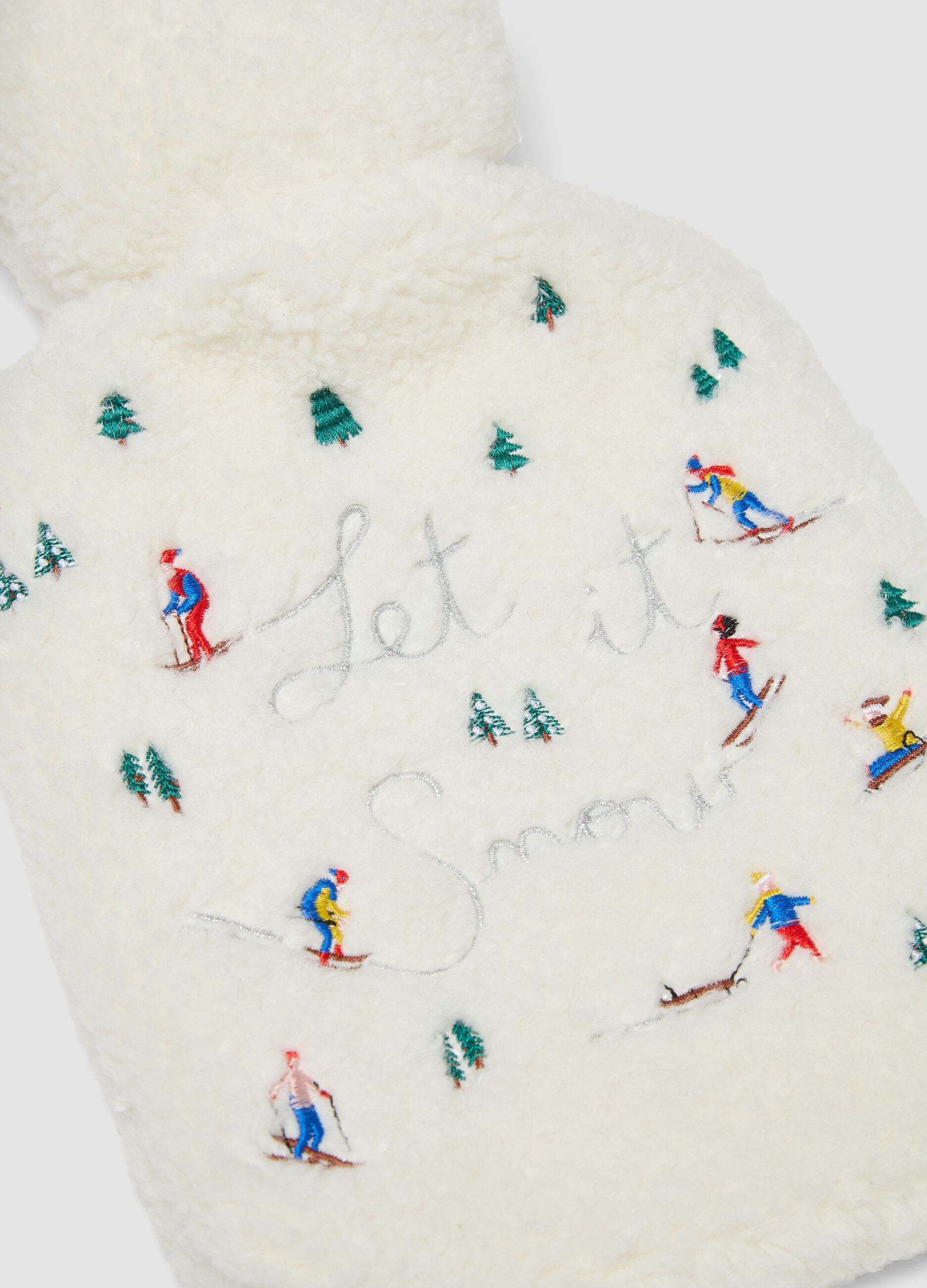 White hot water bottle with Christmas embroidery