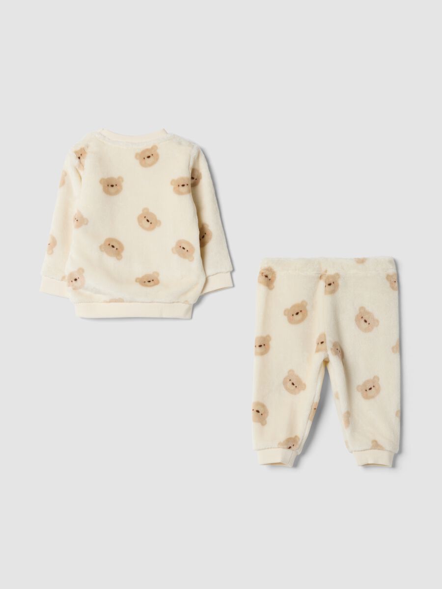 Ivory white crew-neck pyjama set with teddy bear print_1