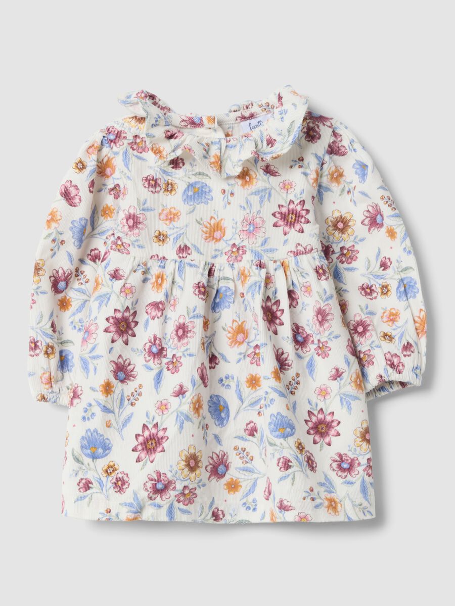 White crew-neck dress in pure organic cotton with floral print_0