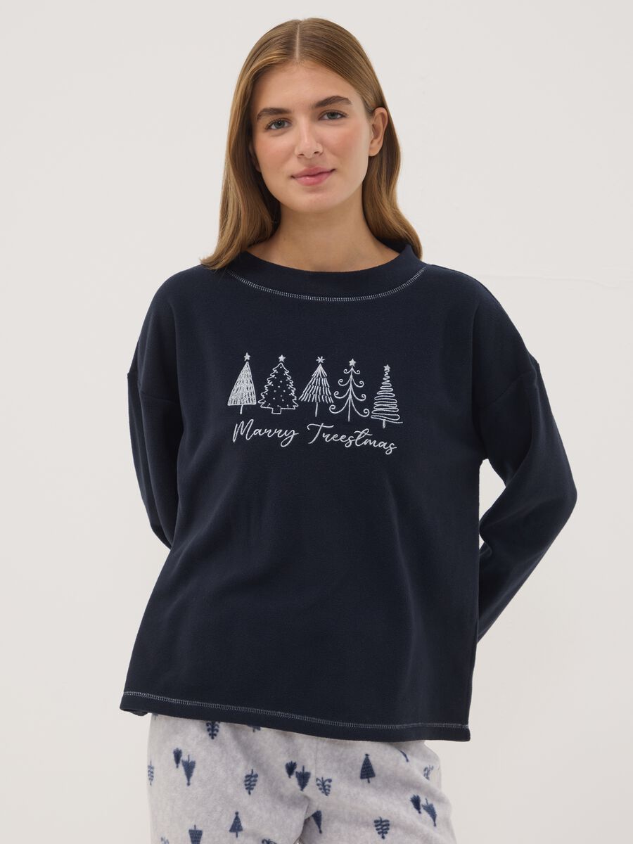 Navy fleece pyjamas with crew neck top and printed trousers_1