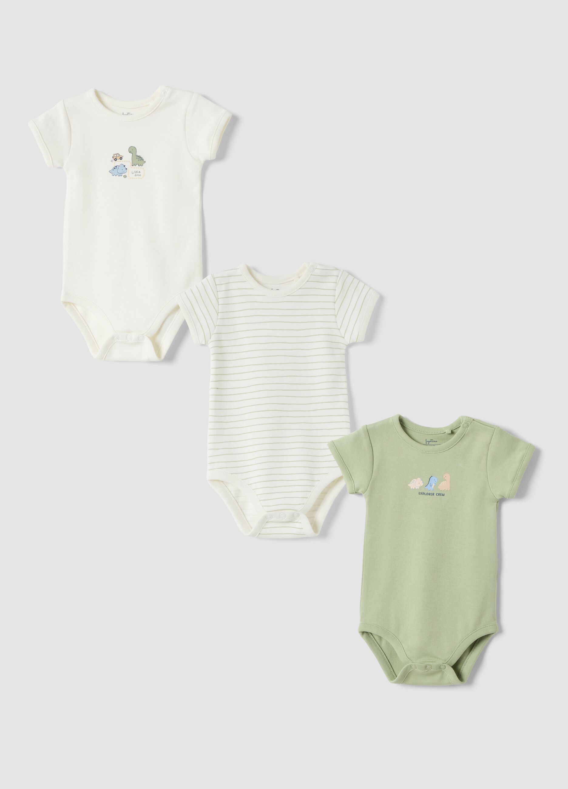 3-pack green and white organic cotton crew-neck bodysuits