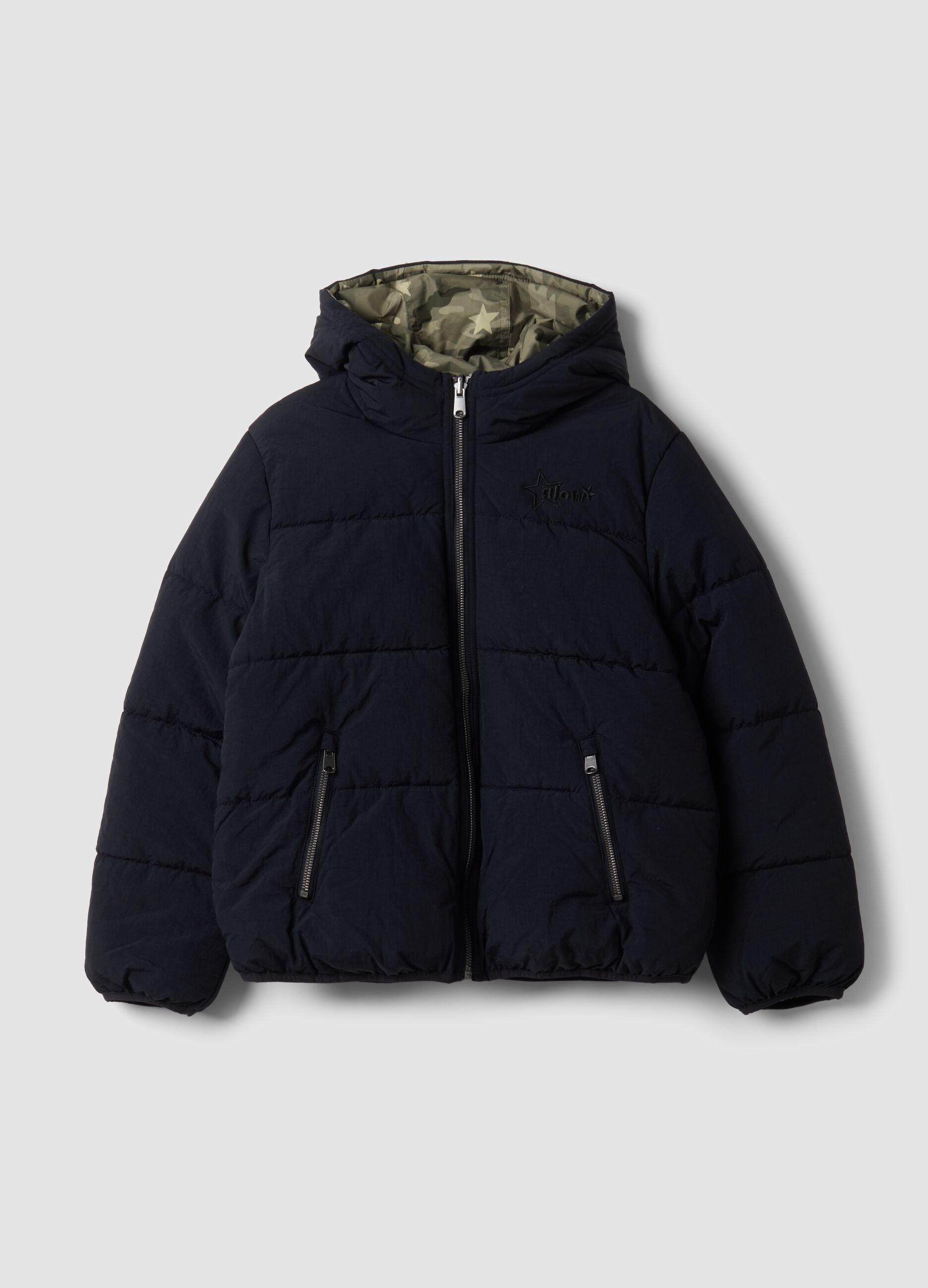 Reversible padded blue hooded jacket