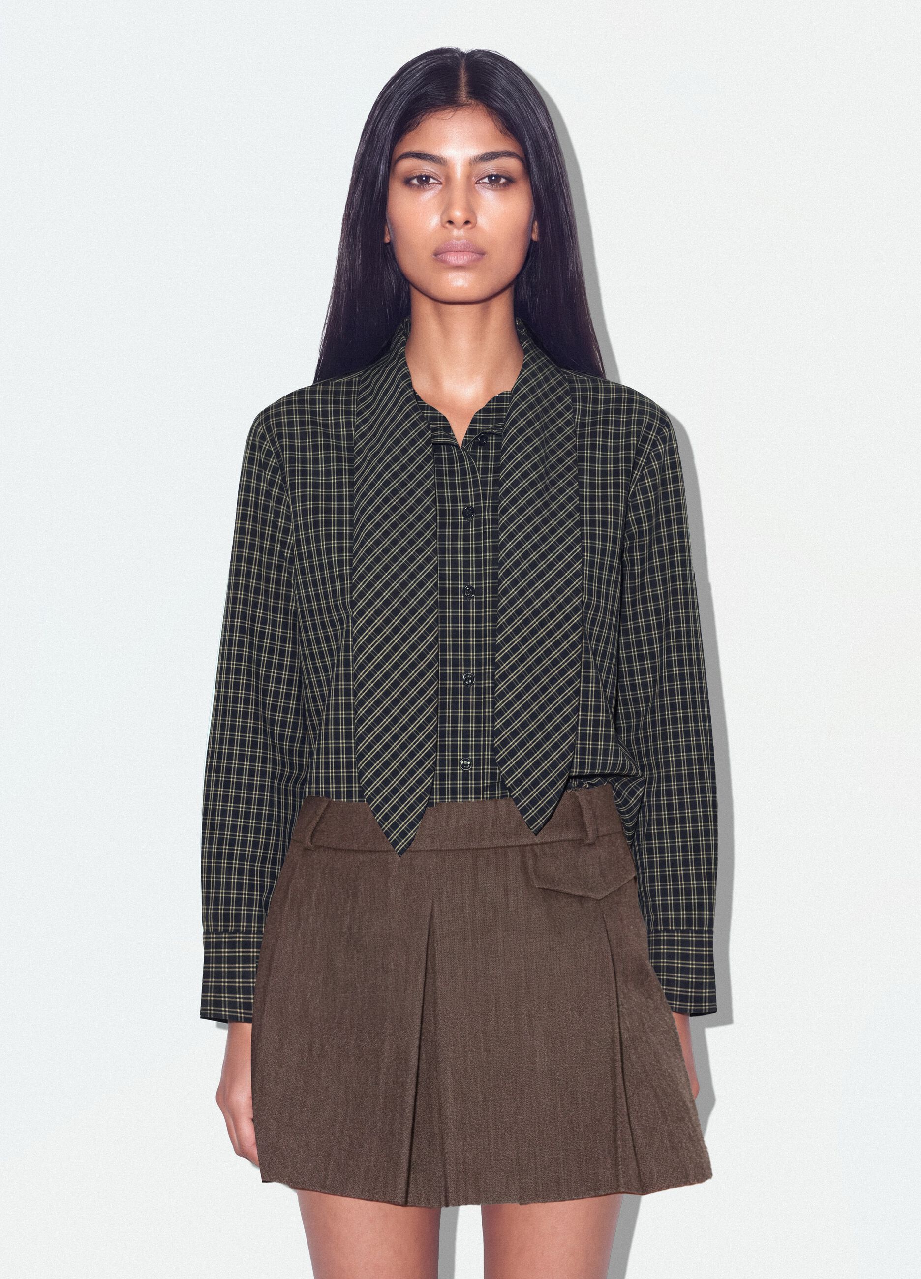 Black oversized cotton-blend checked shirt with bow