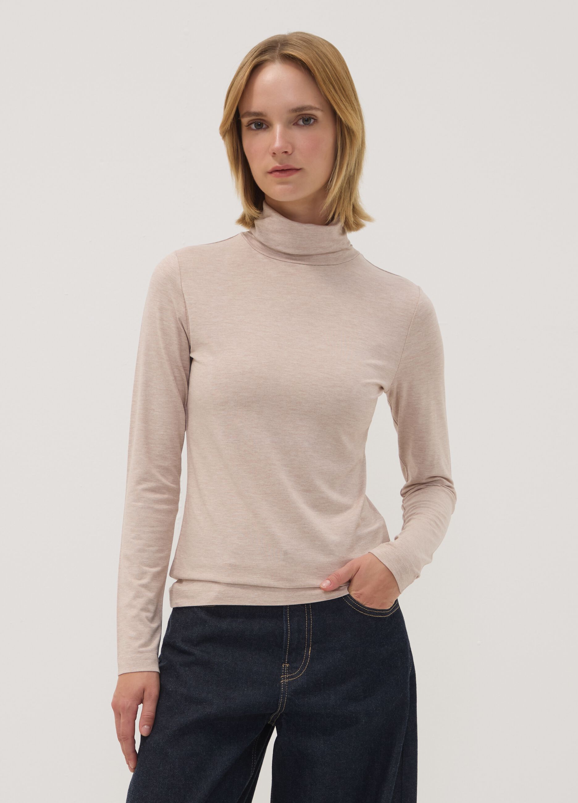 Beige stretch viscose top with mock neck, regular fit