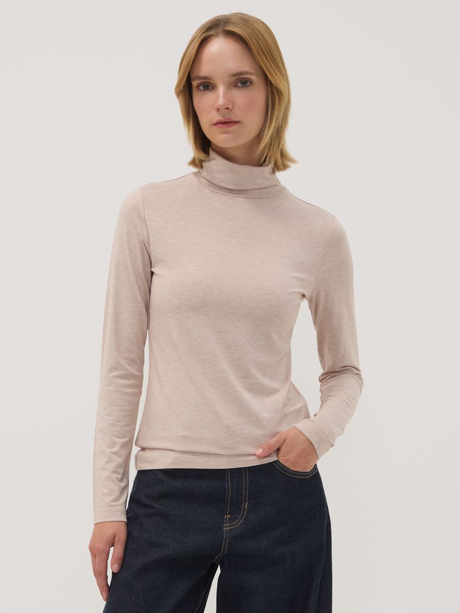 Beige stretch viscose top with mock neck, regular fit_0
