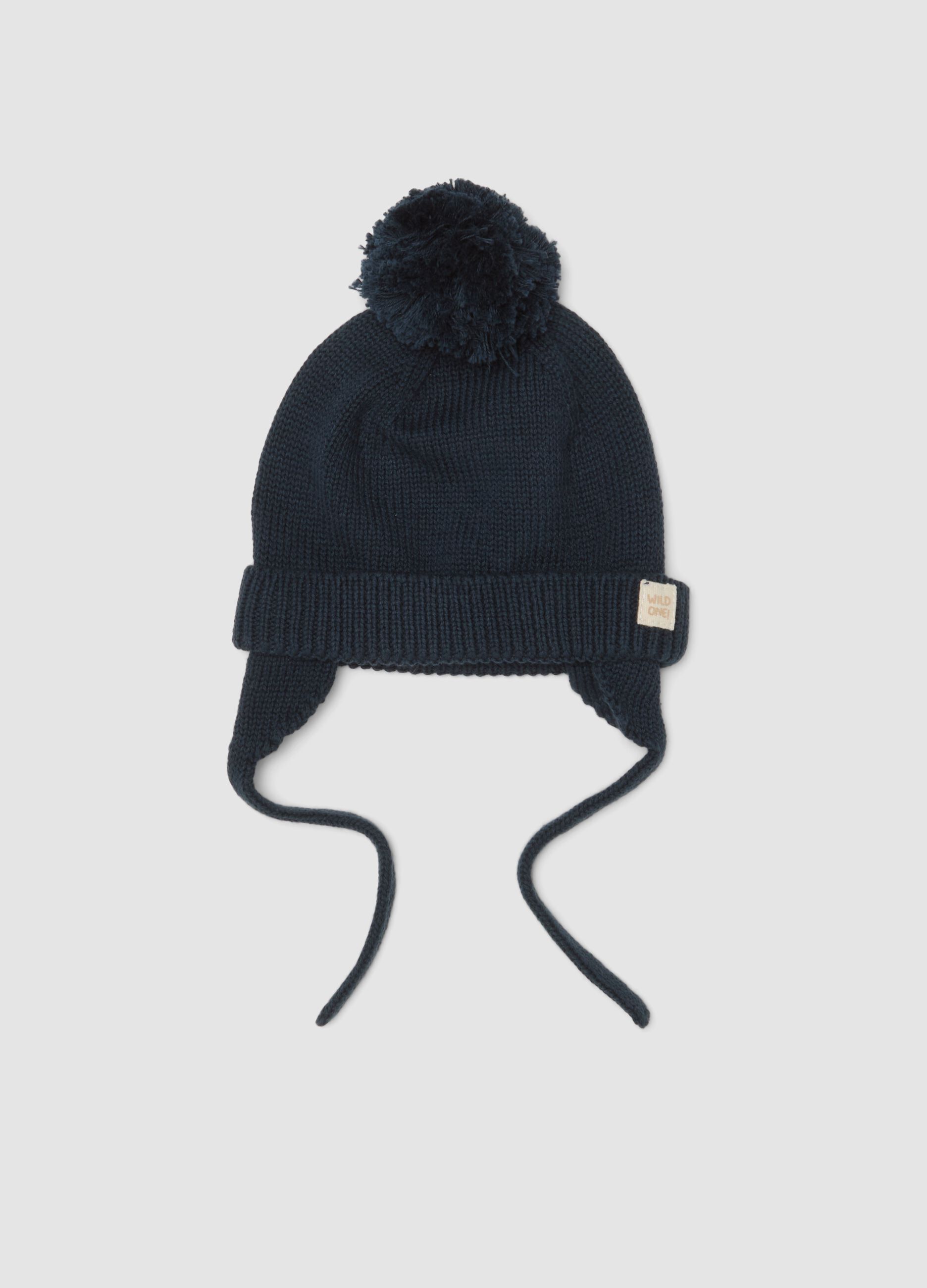 Blue pure cotton knitted hat with pom‑pom