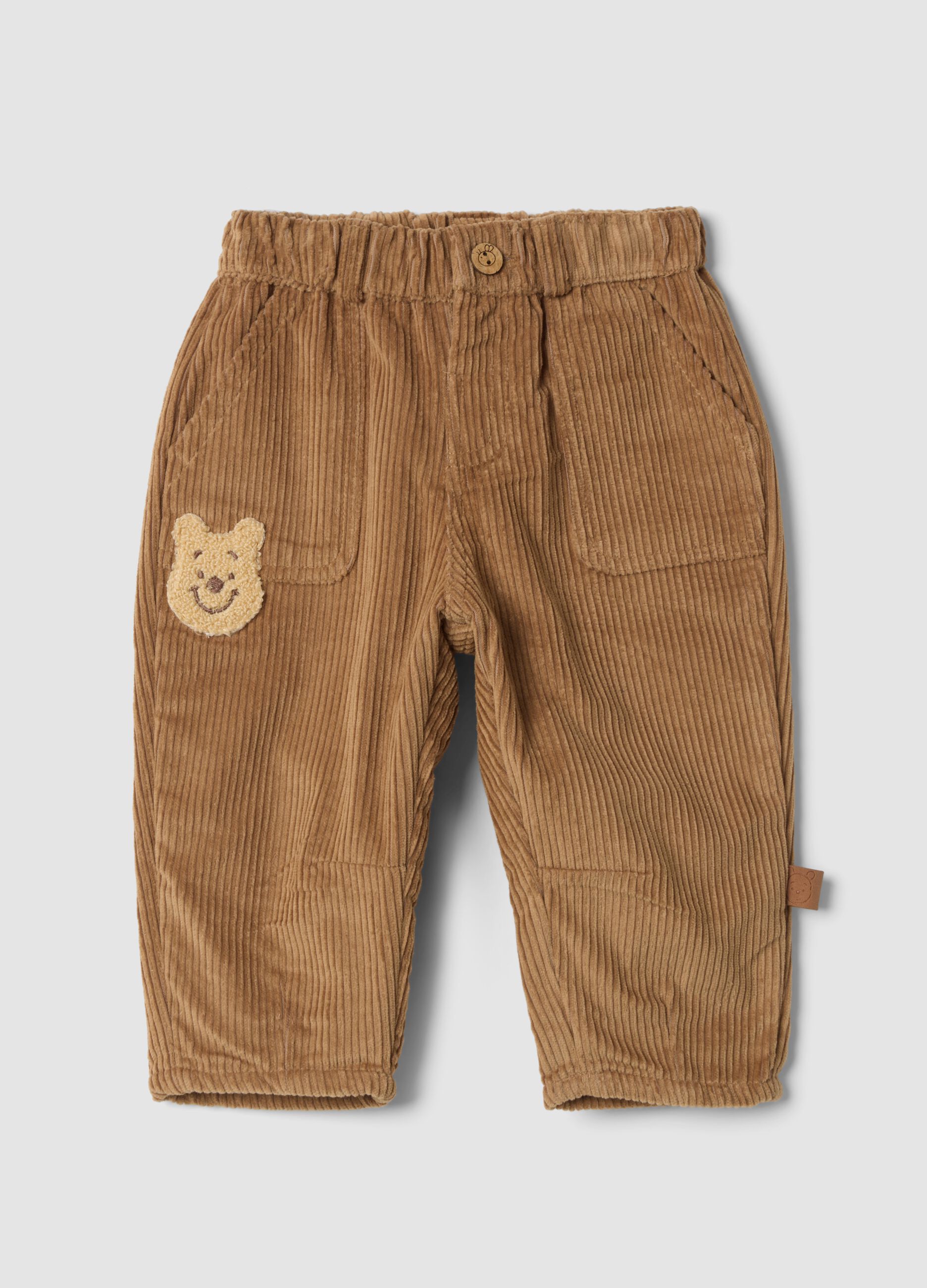 Beige pure cotton corduroy trousers with Winnie the Pooh embroidery, comfort fit