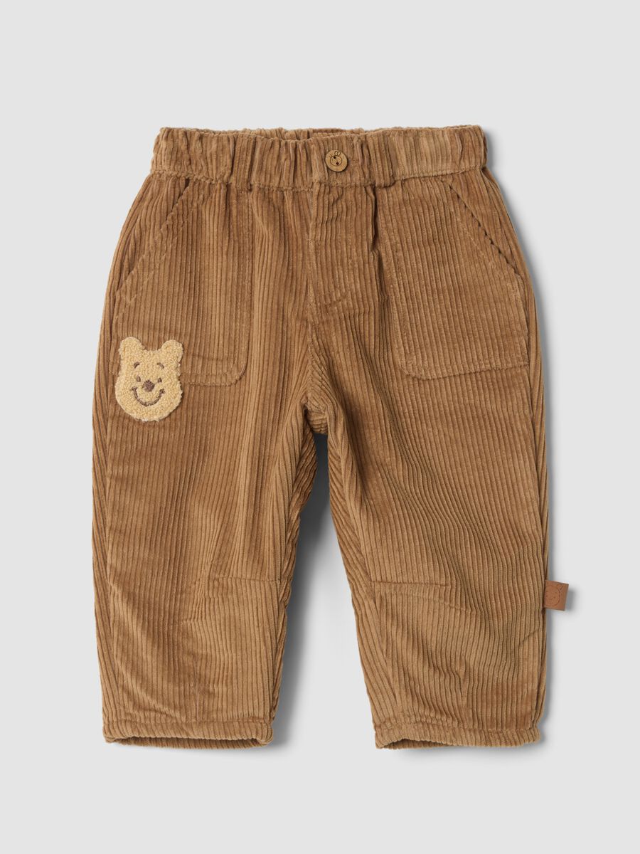 Beige pure cotton corduroy trousers with Winnie the Pooh embroidery, comfort fit_0