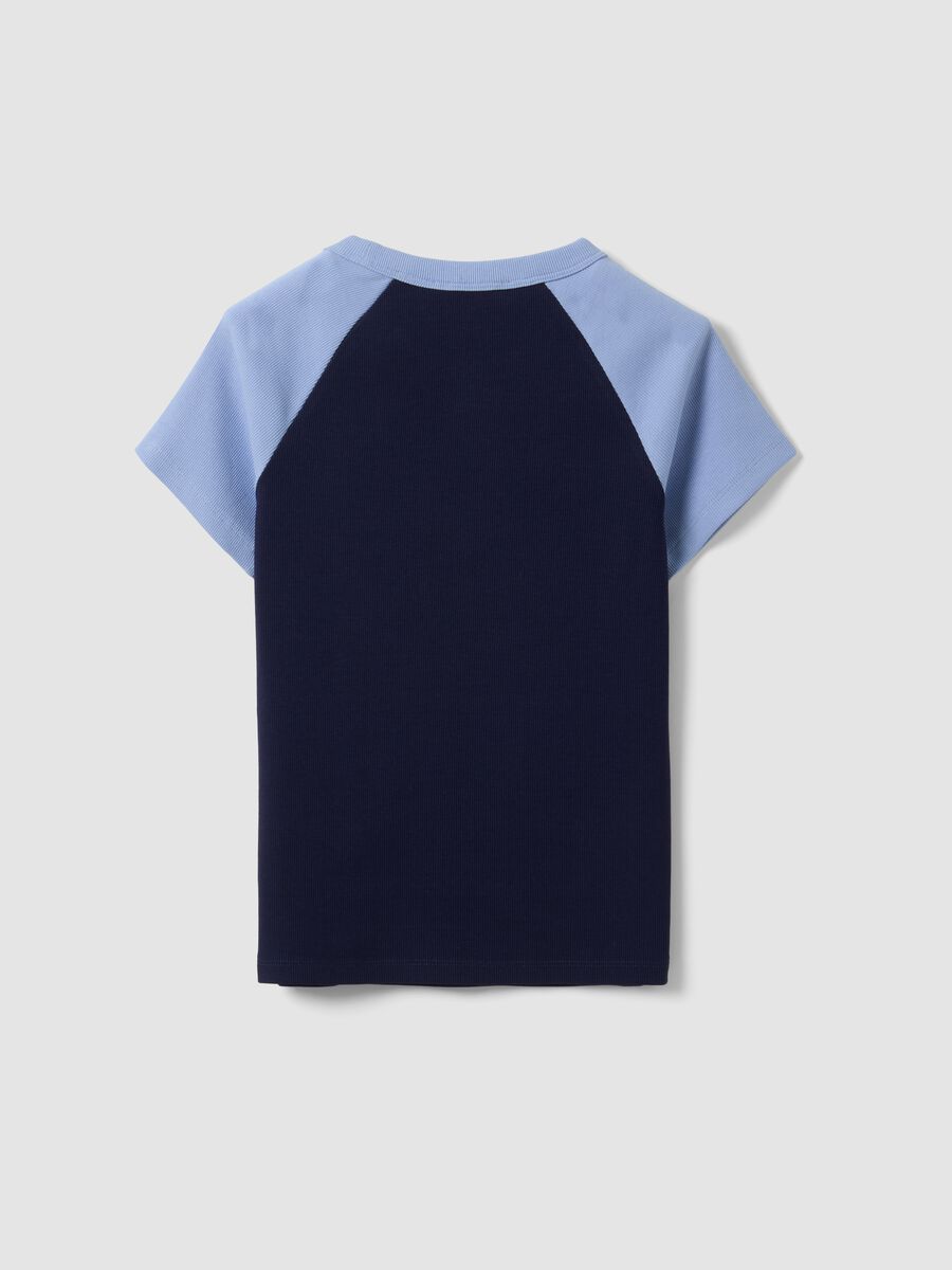 Blue stretch cotton crew-neck T-shirt with contrast sleeves_5