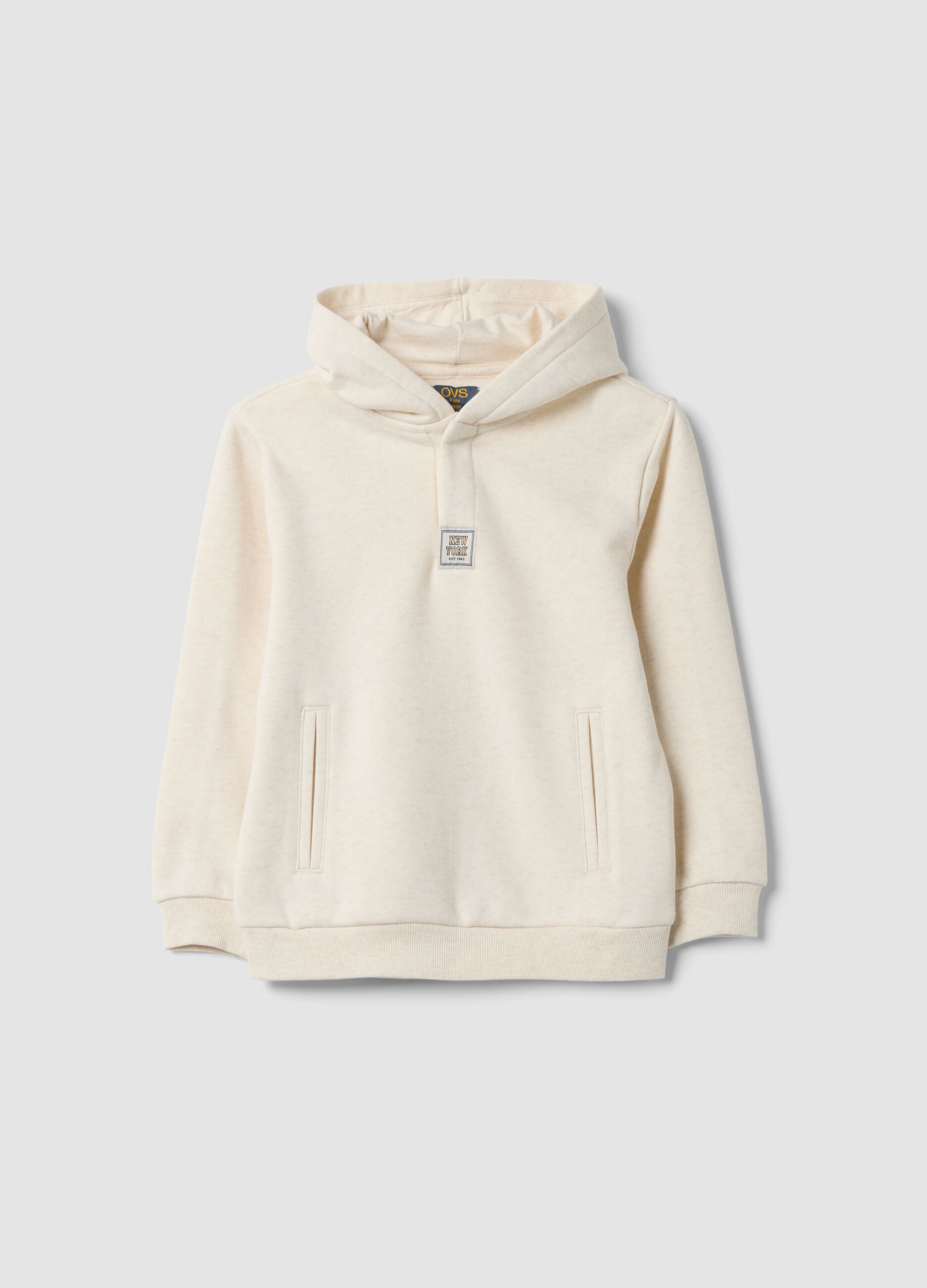 Beige cotton-blend hoodie sweatshirt with crew neck
