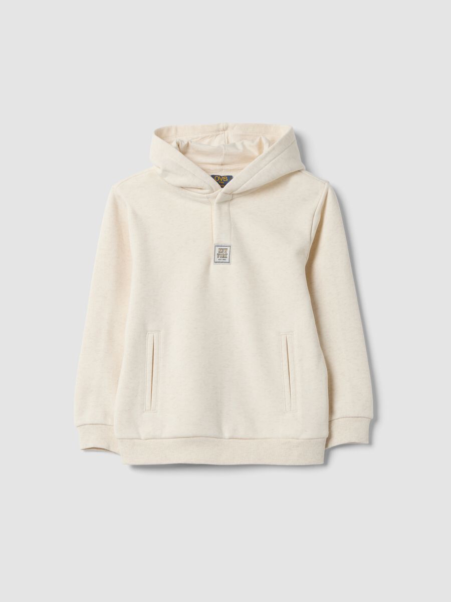 Beige cotton-blend hoodie sweatshirt with crew neck_0