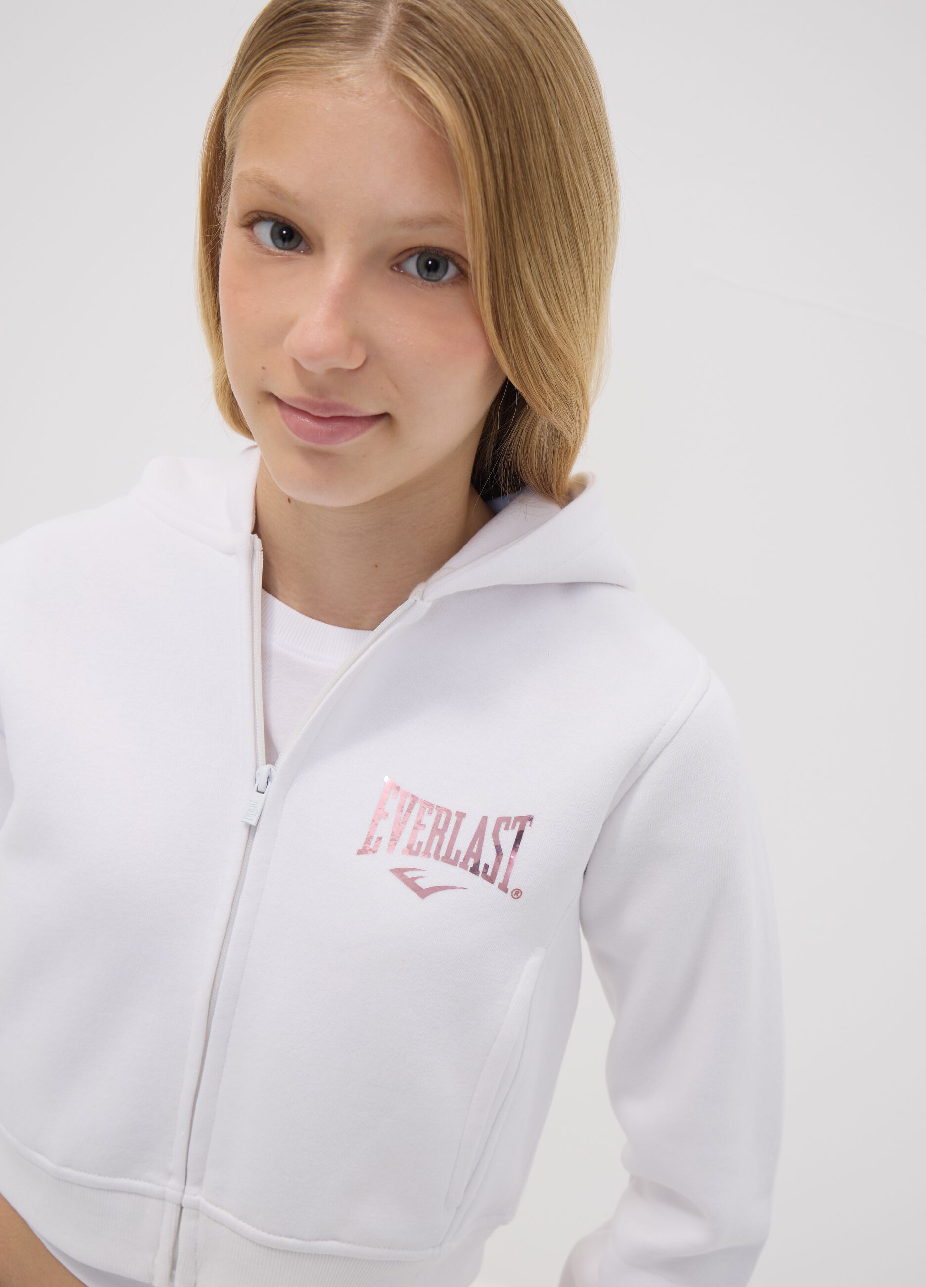 White hooded zip-up sweatshirt in cotton blend for girls, regular fit