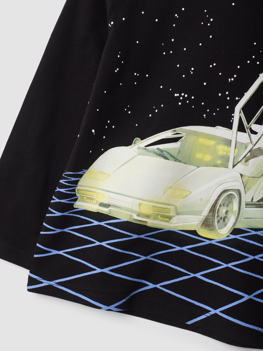 Black long-sleeve stretch organic cotton T-shirt with car print_2