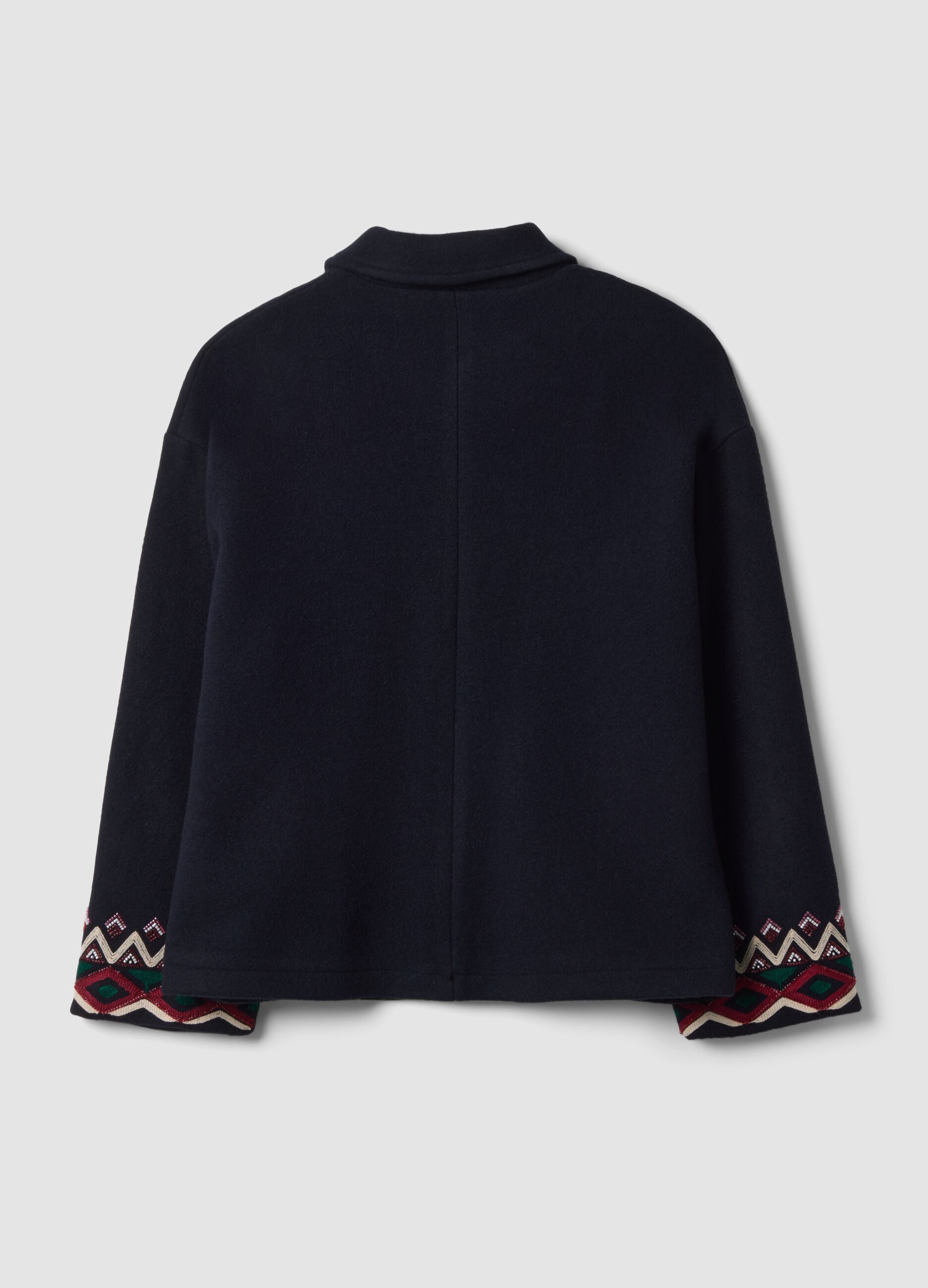 Blue wool-blend coat with geometric embroidery