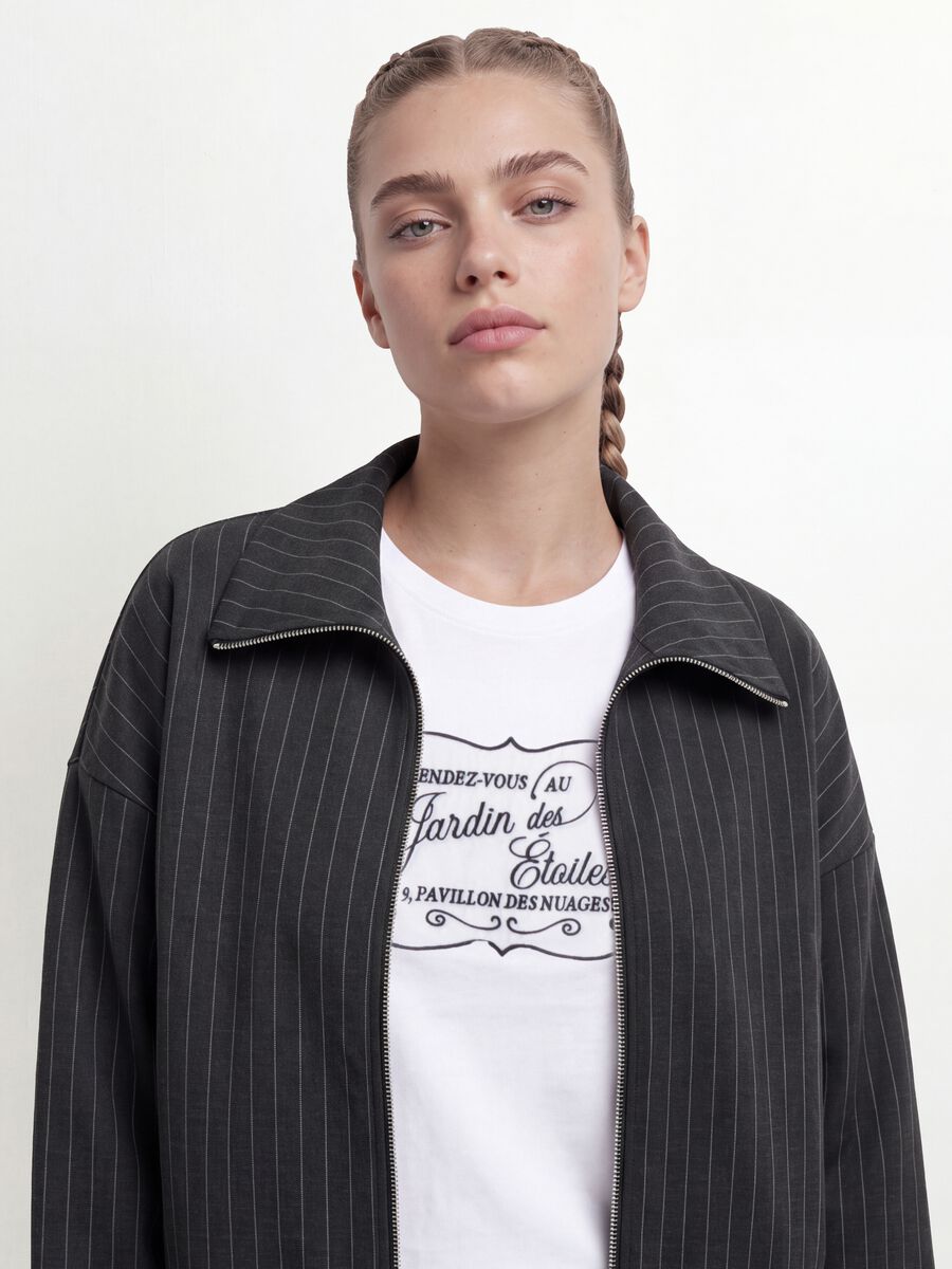 Felpa full zip grigia in viscosa elasticizzata a righe con colletto_1