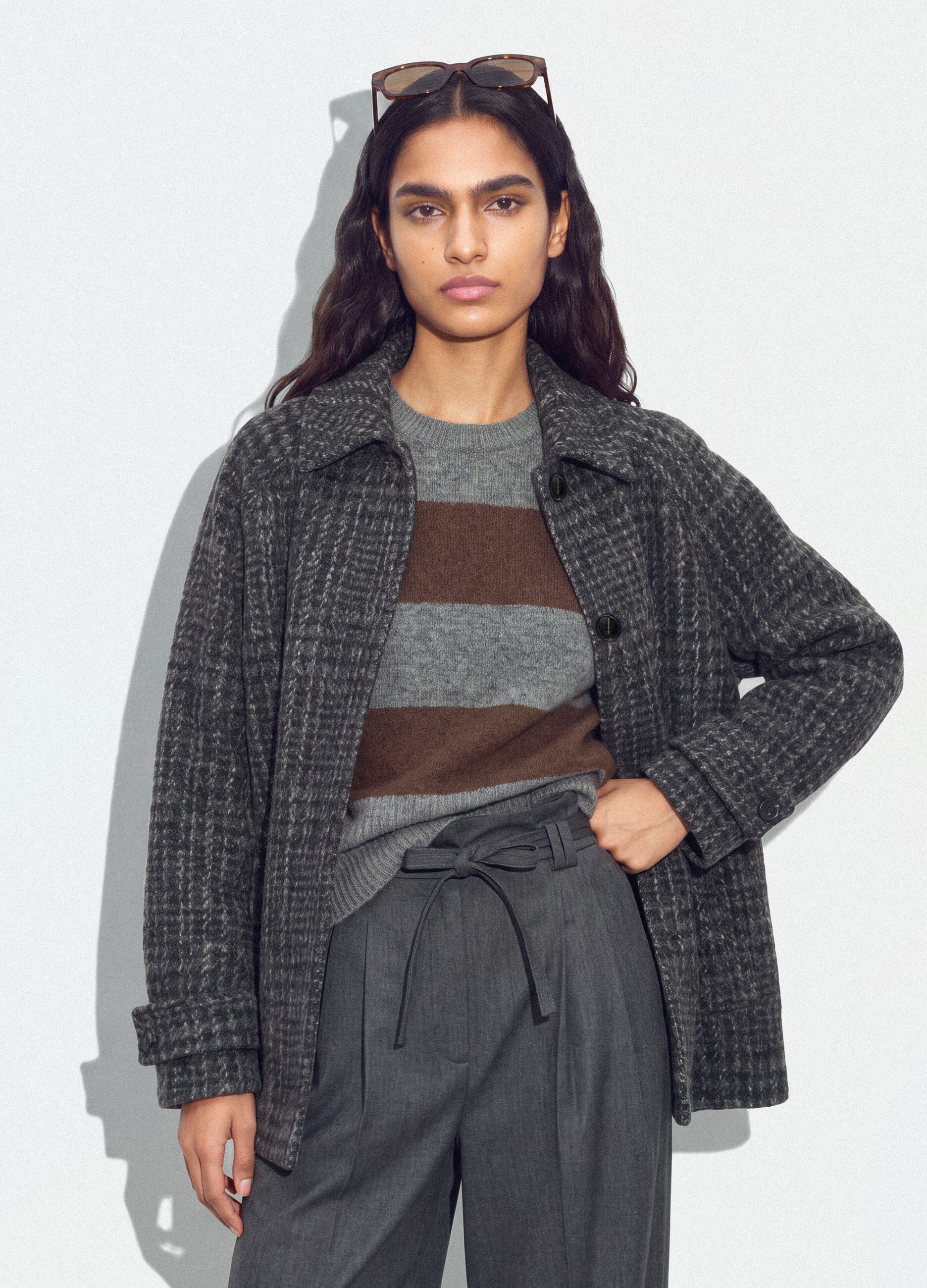 Cappotto grigio in misto lana a fantasia pied de poule