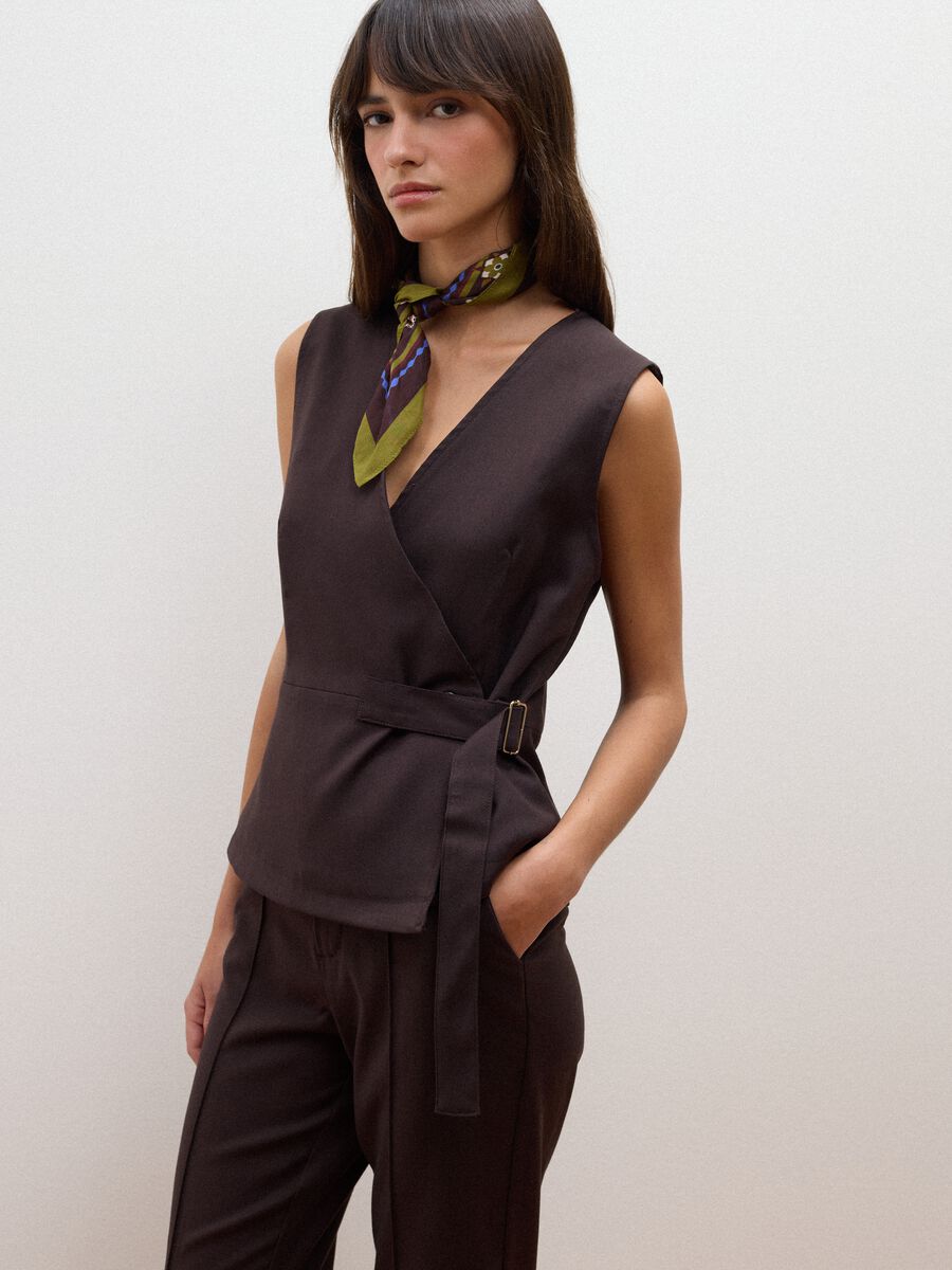 Brown stretch viscose waistcoat with belt_1
