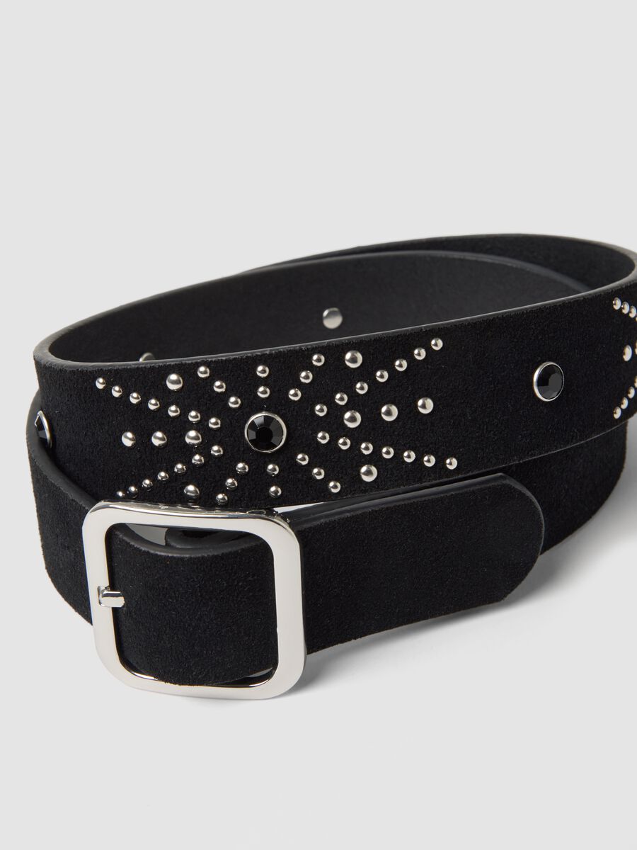 Black genuine leather studded belt_2