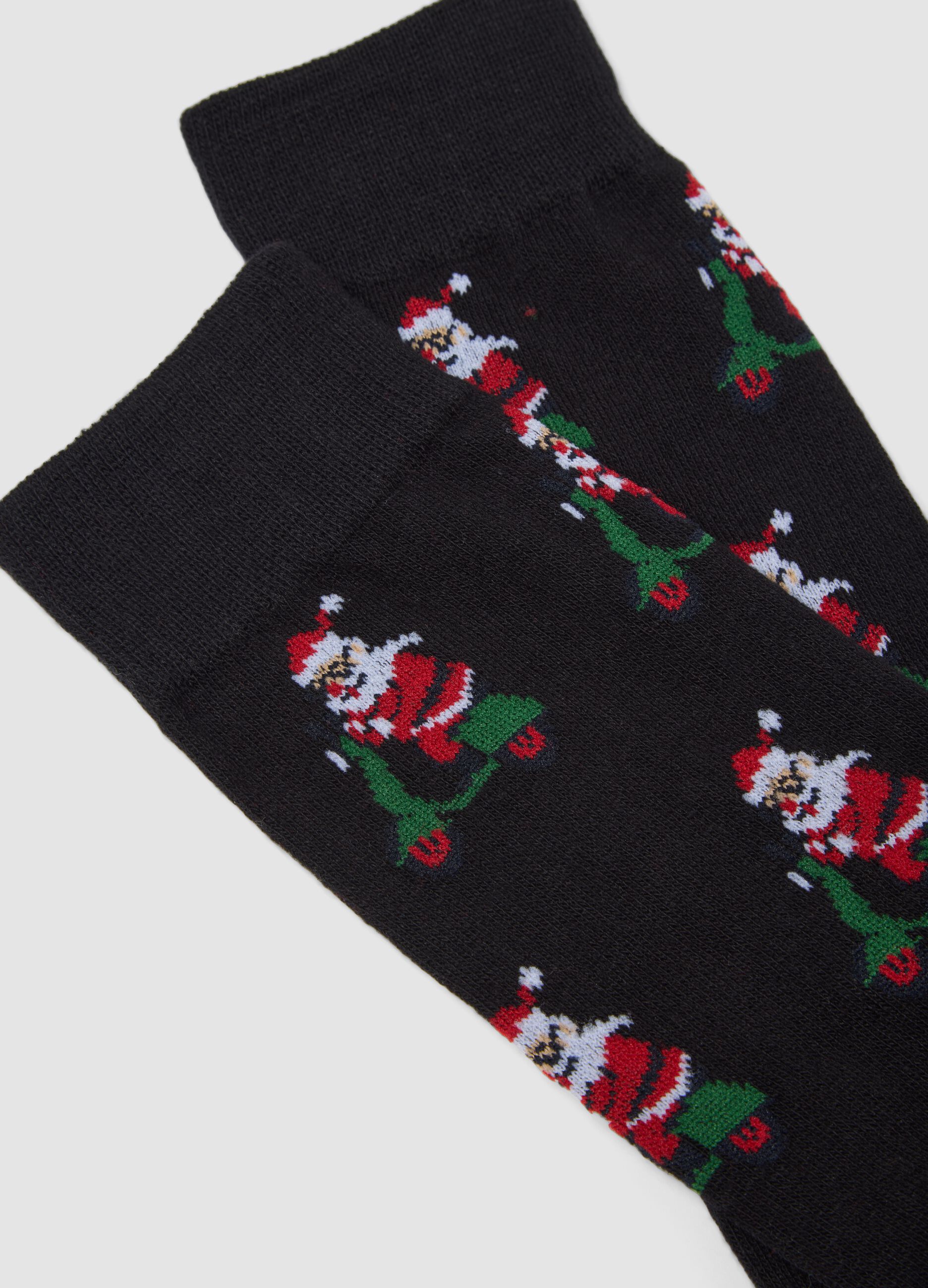 Black over-the-calf stretch-cotton socks with Christmas print