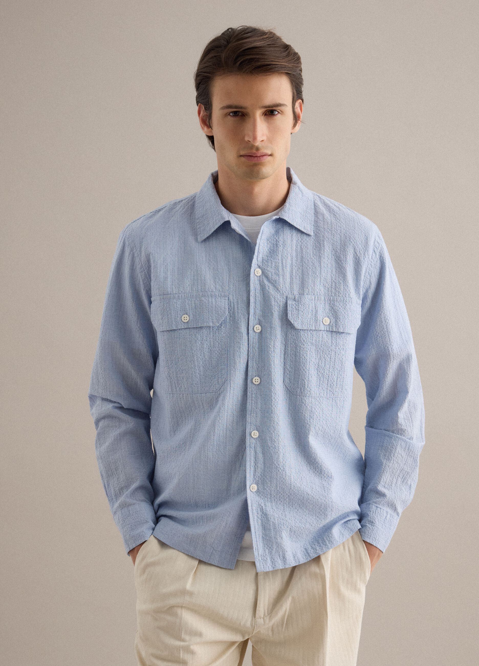 Blue stretch cotton long sleeve shirt regular fit
