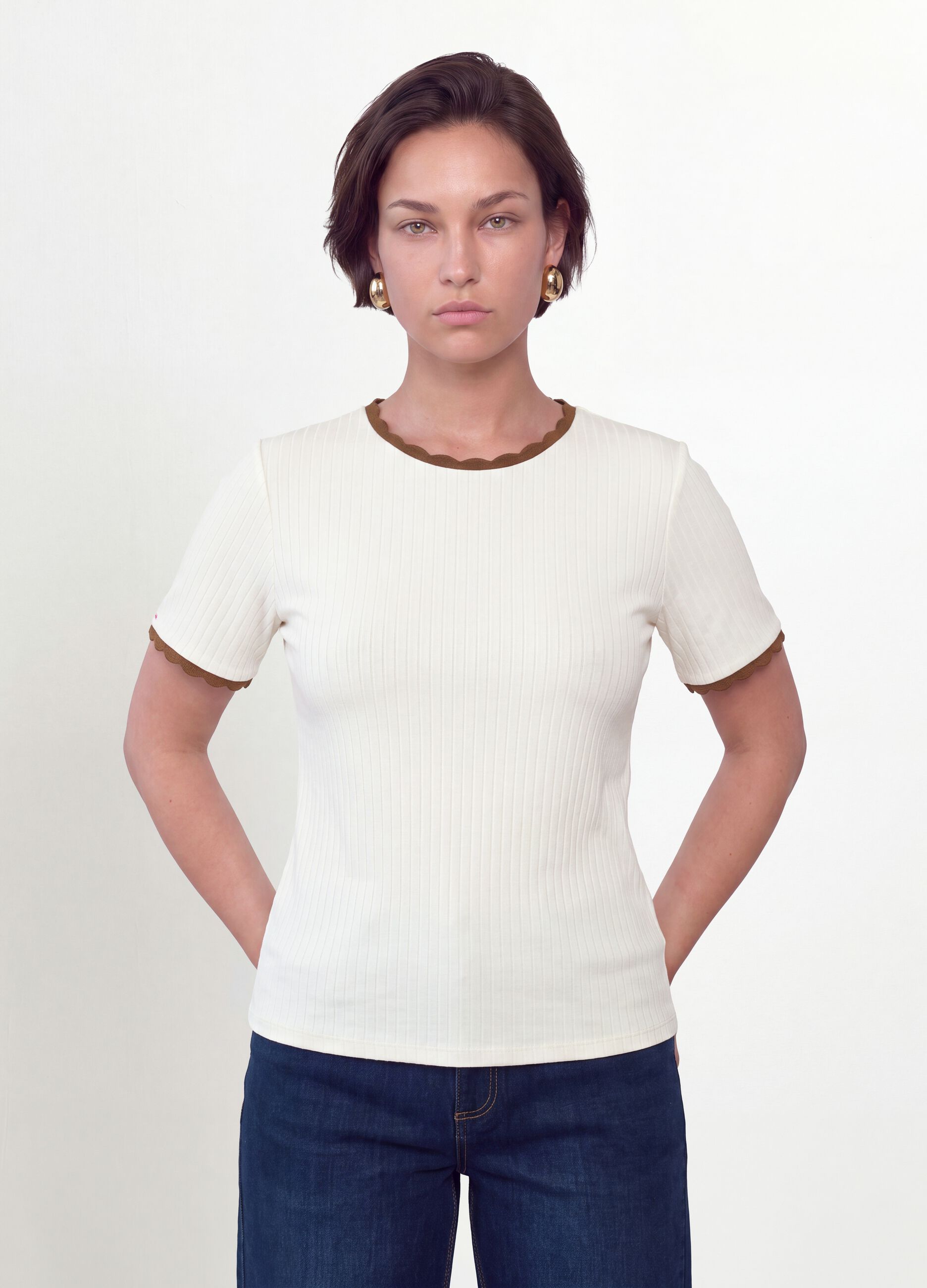 White stretch viscose crew-neck T-shirt with contrast trims