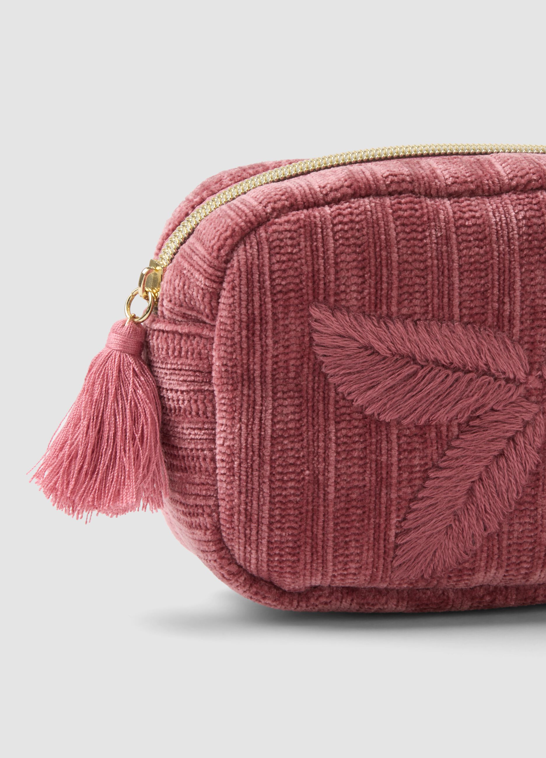 Pink beauty pouch with floral embroidery and tassel