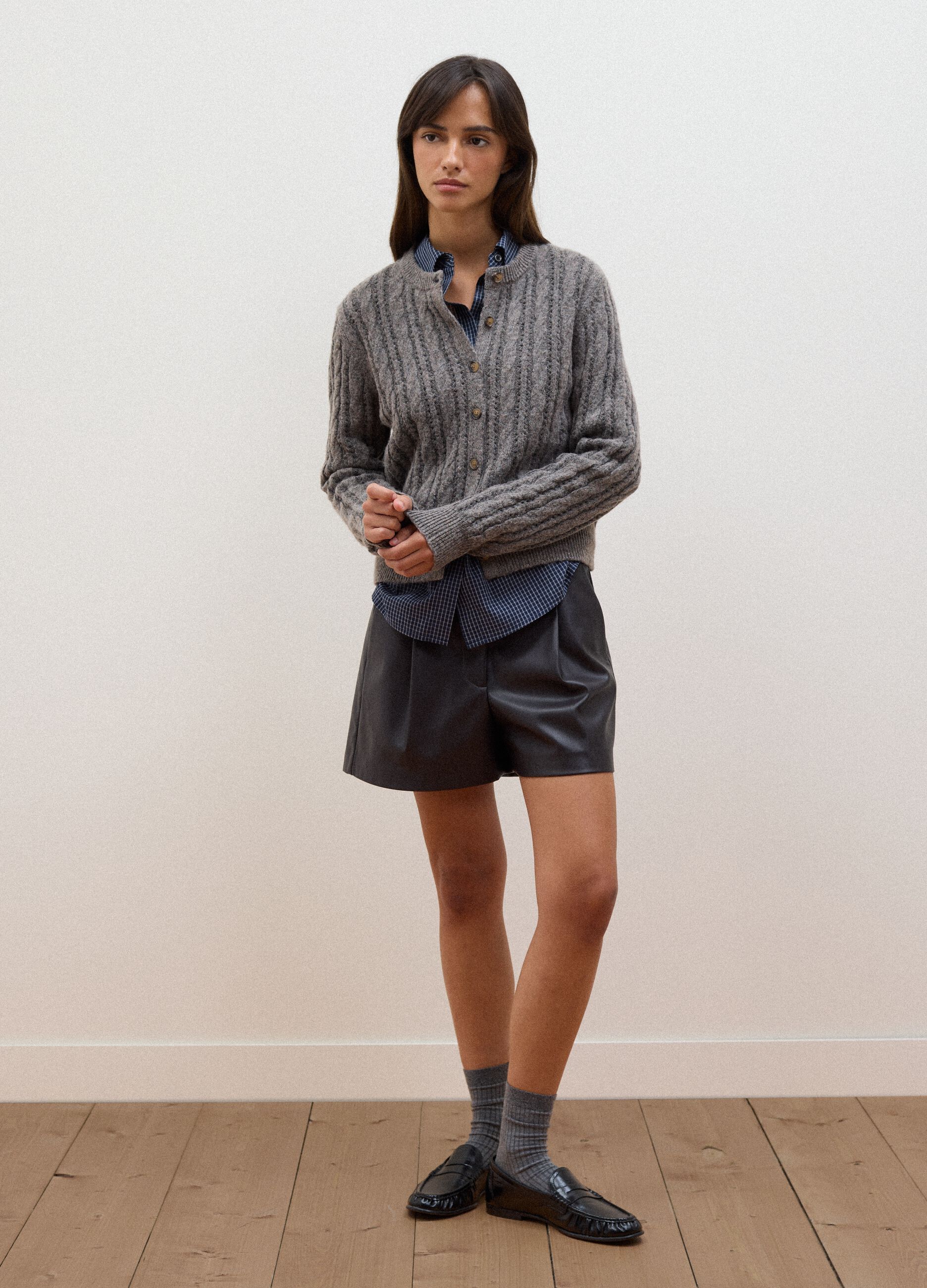 Grey cable-knit wool-blend cardigan