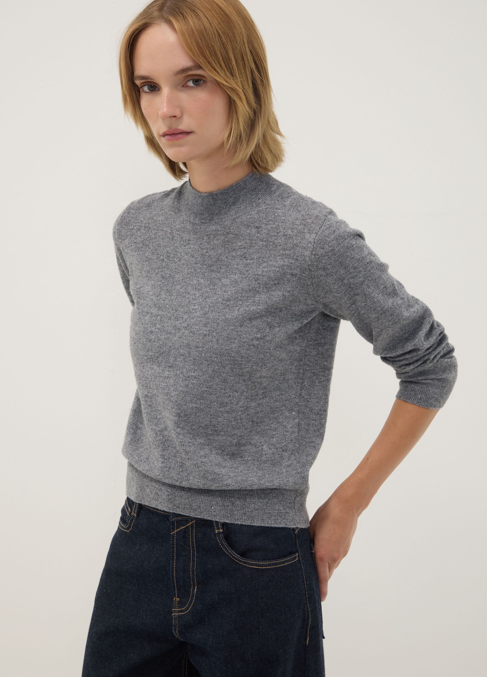 Grey wool-blend jumper with mock neck