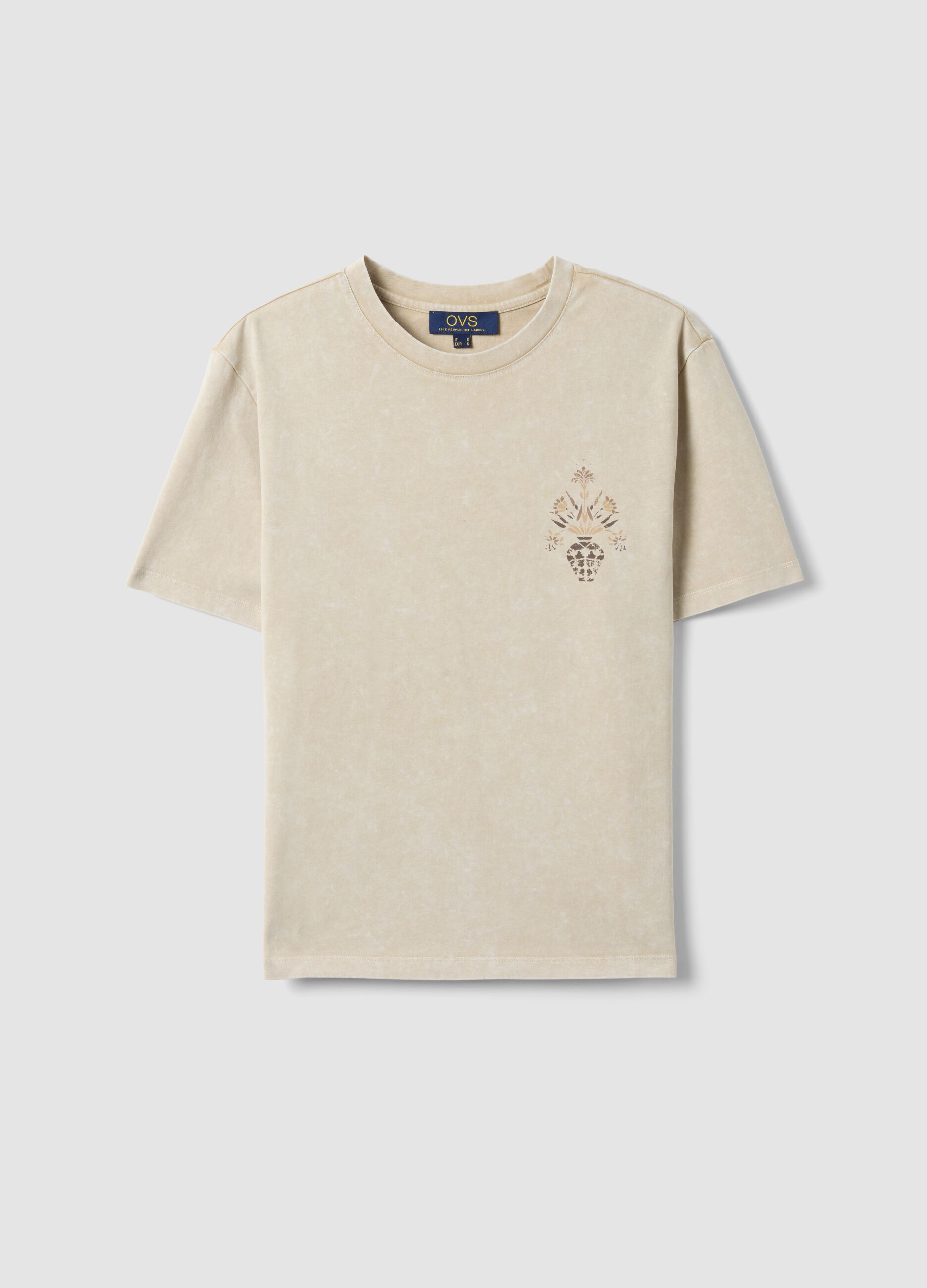 Beige pure cotton short-sleeve T-shirt, regular fit, with print