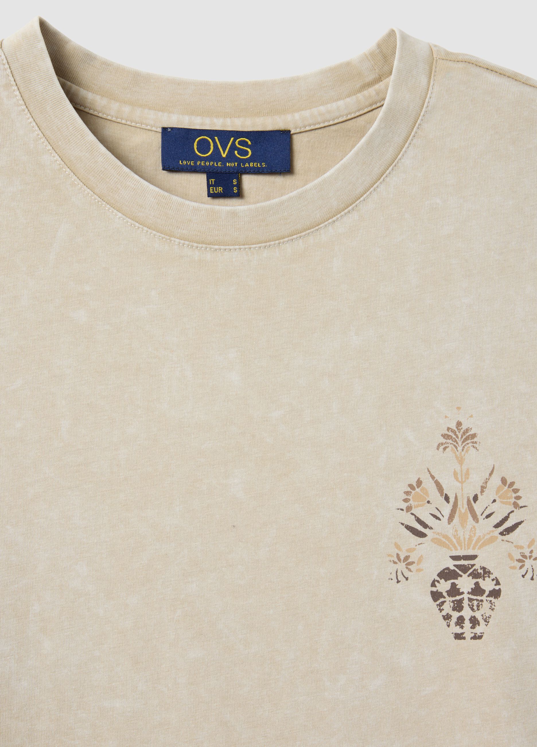 Beige pure cotton short-sleeve T-shirt, regular fit, with print