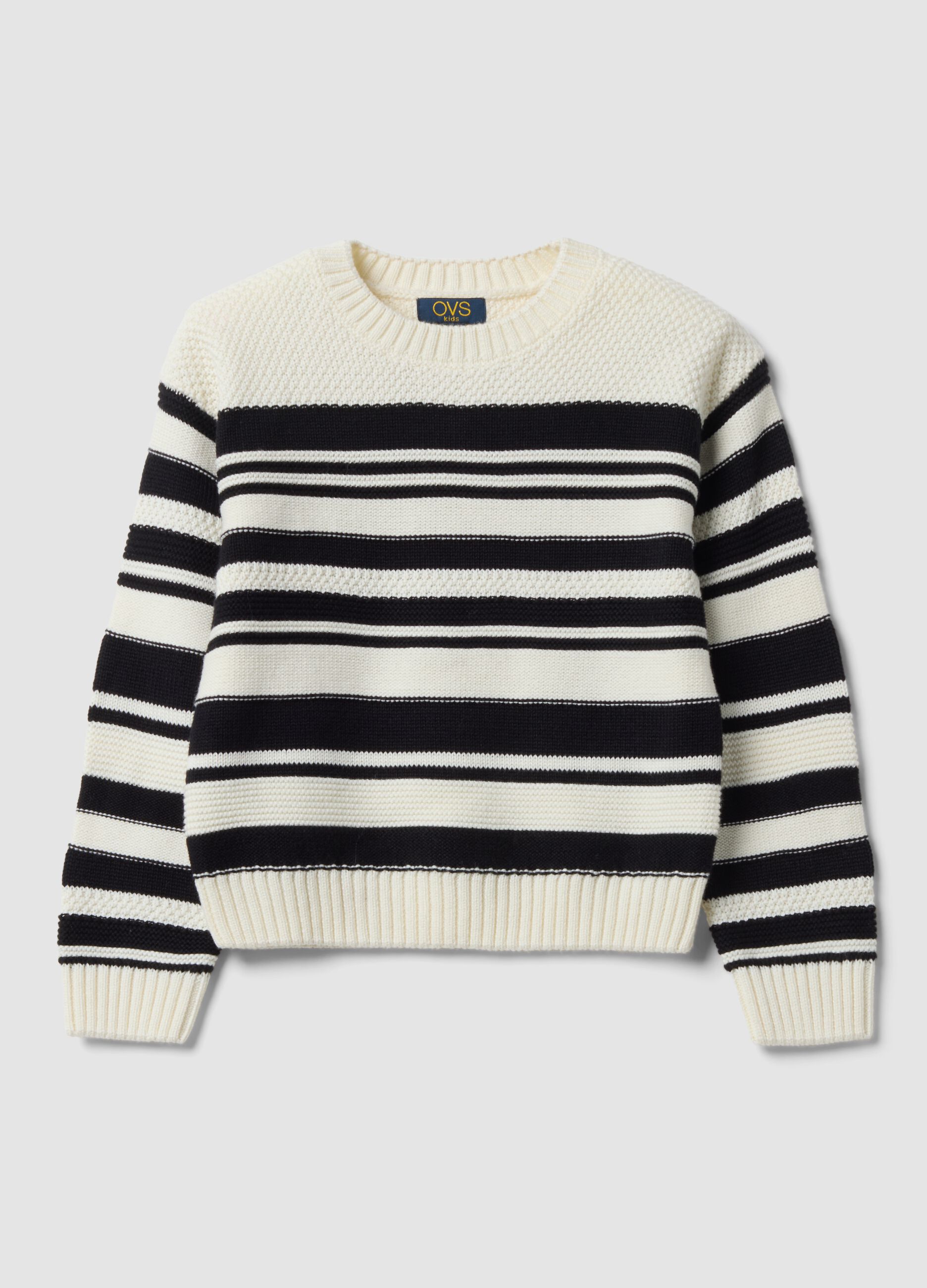 بلوزة بيضاء مخططة للبنات من مزيج القطن بياقة دائرية