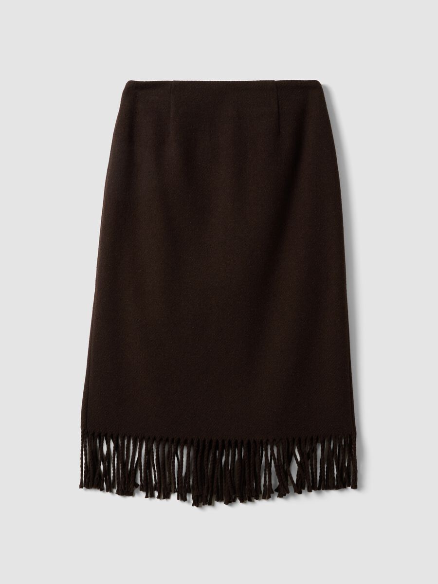 Brown viscose-wool blend skirt with fringed hem_6