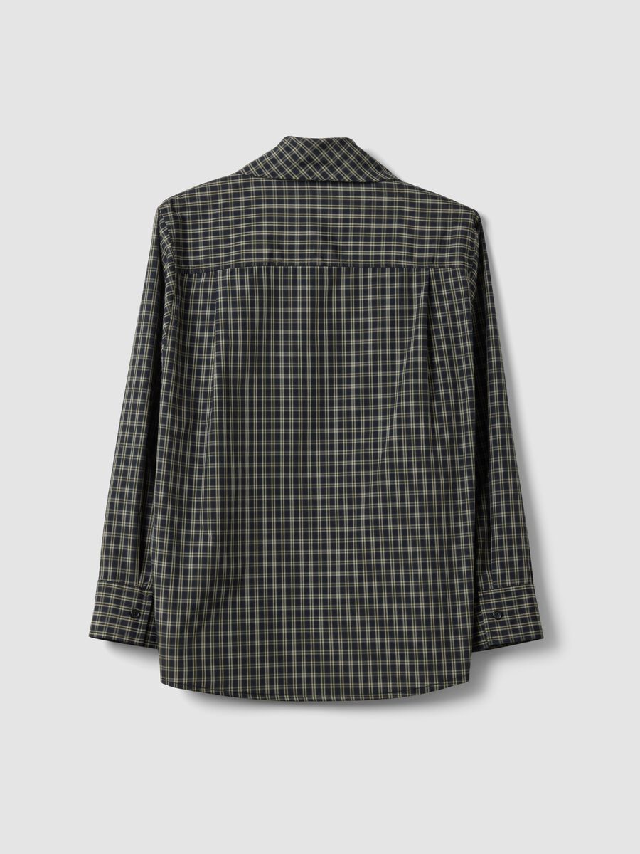 Oversized black cotton-blend checked shirt with neck bow_2