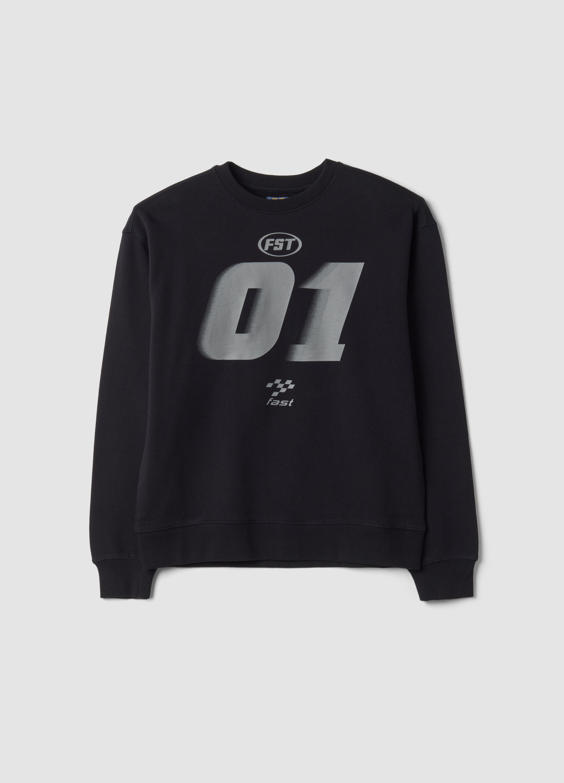 Black racing-themed crew-neck sweatshirt in pure organic cotton, relaxed fit