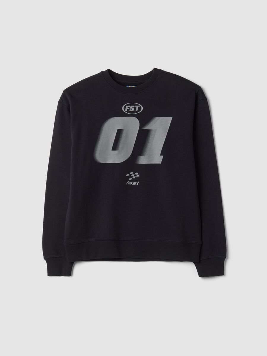 Black racing-themed crew-neck sweatshirt in pure organic cotton, relaxed fit_0