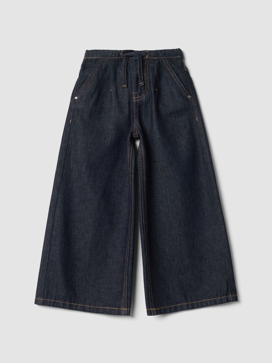 Dark blue wide-leg pure cotton jeans_0