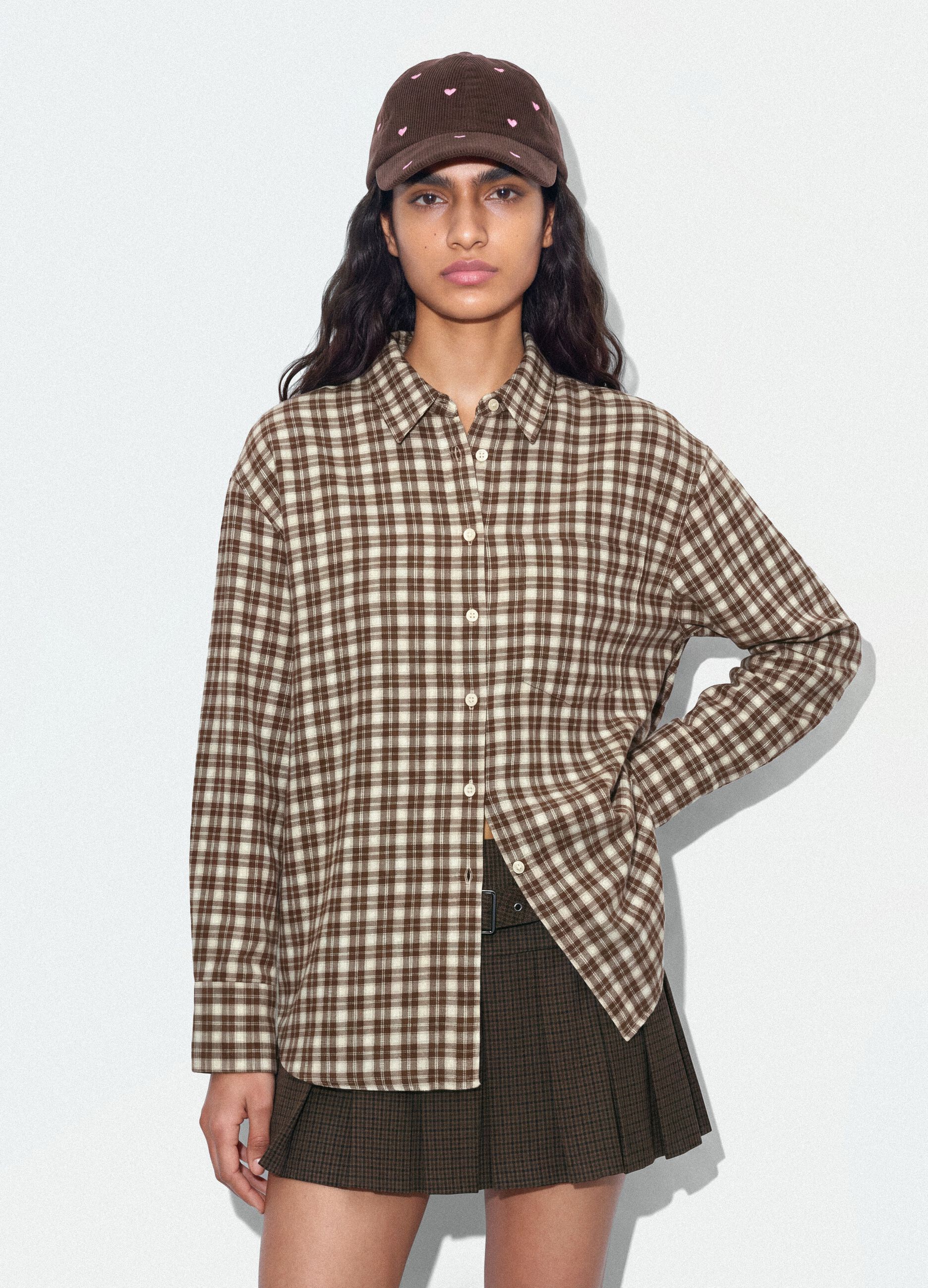 Camicia marrone a quadri in flanella di puro cotone